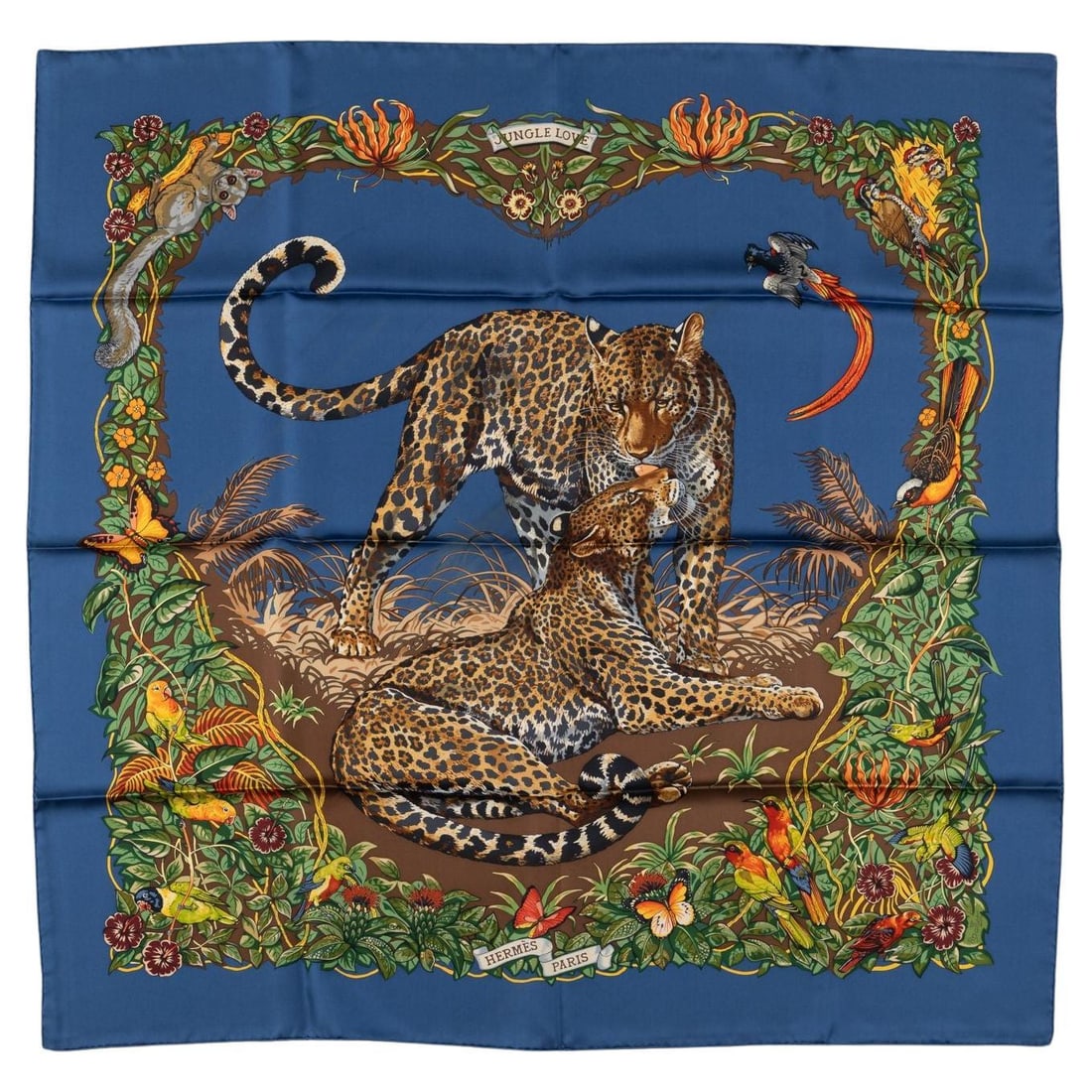 Hermes Jungle Love Silk Scarf by Robert Dallet 35 in France: Hermes Jungle Love Silk Scarf by Robert Dallet 35 in France This exquisite Hermes "Jungle Love" Silk Scarf features a stunning design by Robert Dallet, showcasing the hallmark elegance of the brand. M