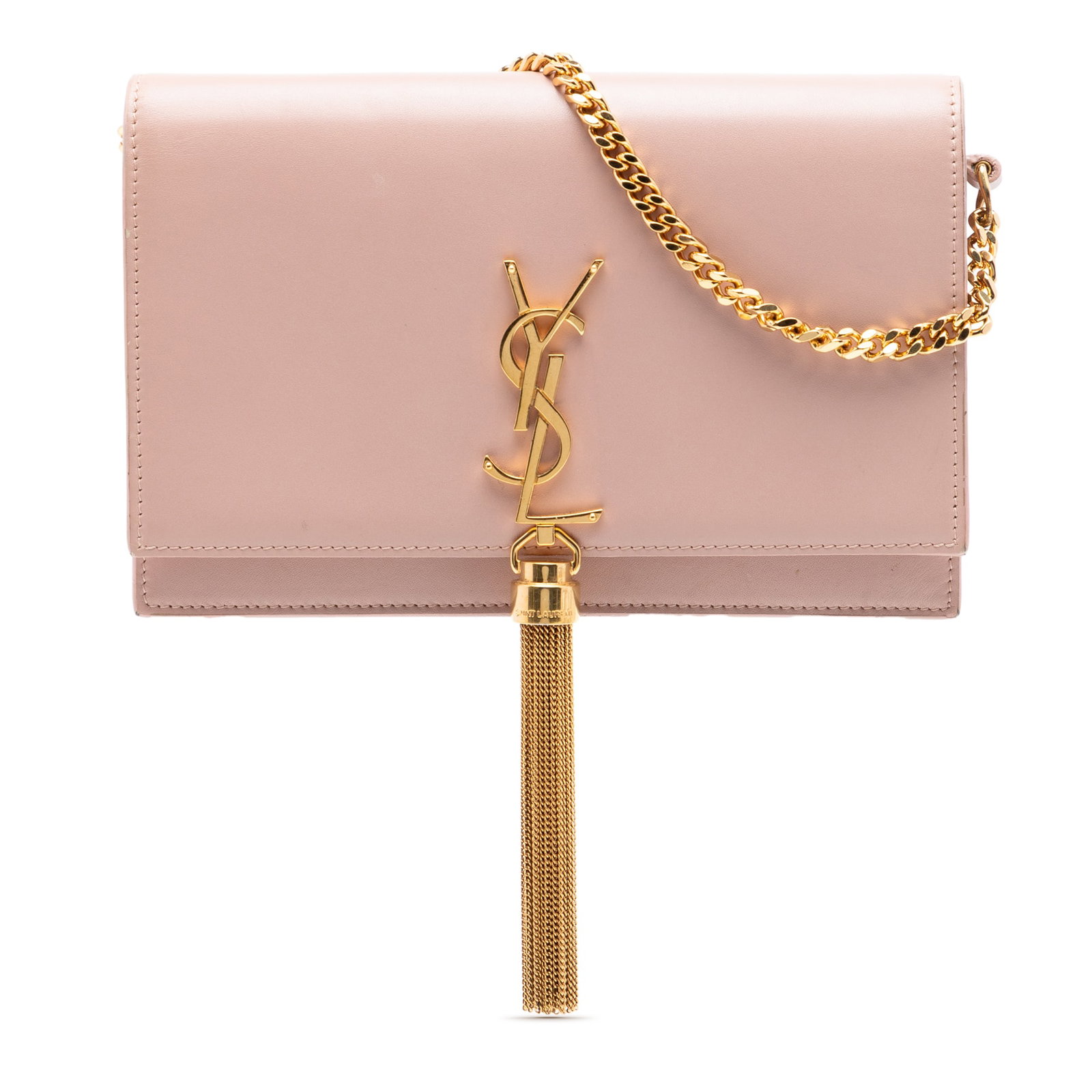 Saint Laurent Kate tassel chain wallet in pink leather: Saint Laurent Kate tassel chain wallet in pink leather This Saint Laurent Kate wallet on chain is crafted from smooth pink leather and features a signature tassel detail. It is designed with a chain-l