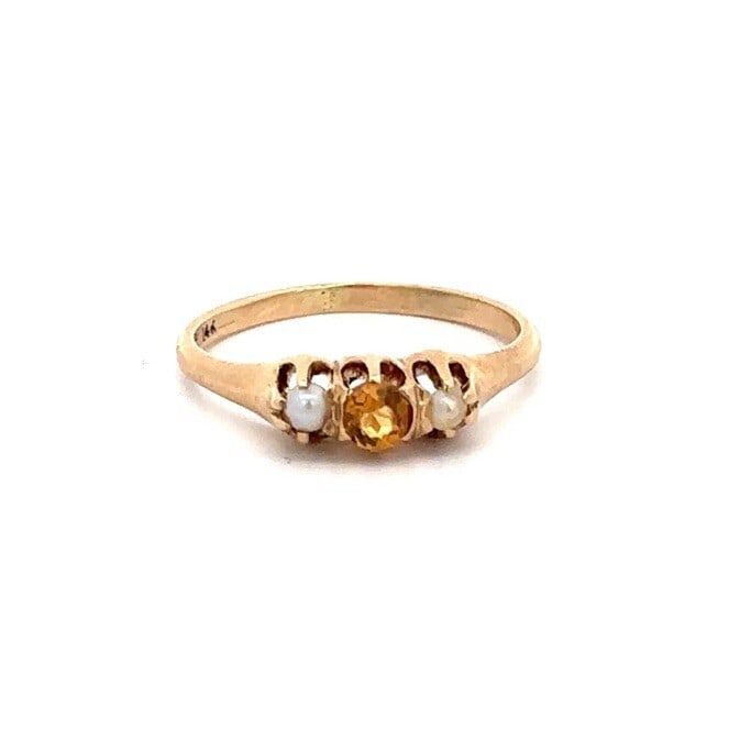 Antique Victorian 14K Gold Citrine Seed Pearl Ring by Birks: Antique Victorian 14K Gold Citrine Seed Pearl Ring by Birks This stunning Antique Victorian ring features a 14K solid yellow gold setting adorned with an old cut round citrine and accented by two genu