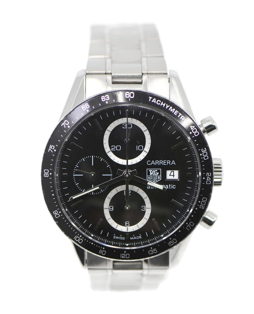 Carrera CV2010 Automatic Chronograph Stainless Steel Wristwatch with Box and Papers: Carrera CV2010 Automatic Chronograph Stainless Steel Wristwatch with Box and Papers This TAG Heuer Carrera Chronograph wristwatch features a stainless steel case and band, a black analog dial, and an 