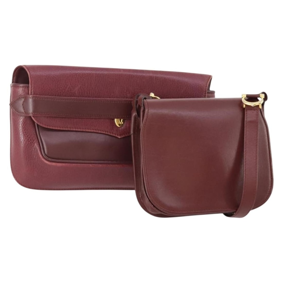 Cartier Bordeaux Leather Shoulder Bag with Dust Bag and Cards: Cartier Bordeaux Leather Shoulder Bag with Dust Bag and Cards This Cartier shoulder bag set includes two bordeaux leather bags, both designed for women and crafted from high-quality leather. The exter