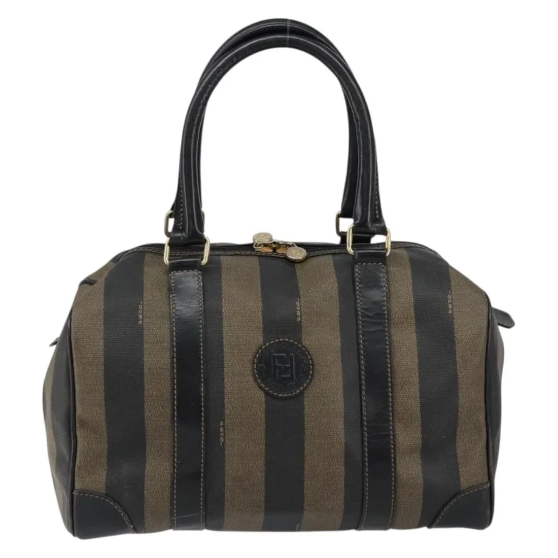 Vintage Fendi Brown Coated Canvas Boston Bag 30cm: Vintage Fendi Brown Coated Canvas Boston Bag 30cm This vintage Fendi Pequin Boston bag is crafted from coated canvas in a brown color, designed for women. It features a structured silhouette with sign