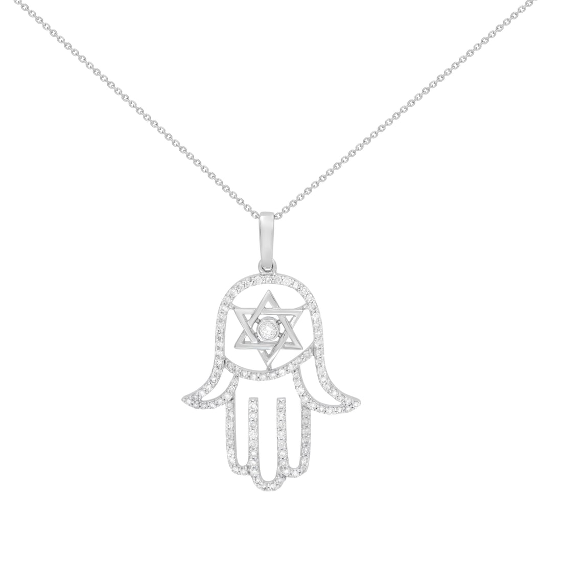 Rachel Koen 14k White Gold Hamsa Star Diamond Pendant 0.65ct: Rachel Koen 14k White Gold Hamsa Star Diamond Pendant 0.65ct This exquisite pendant combines the iconic Hamsa and Star of David symbols, crafted from luxurious 14k white gold. Adorned with 0.65 carats