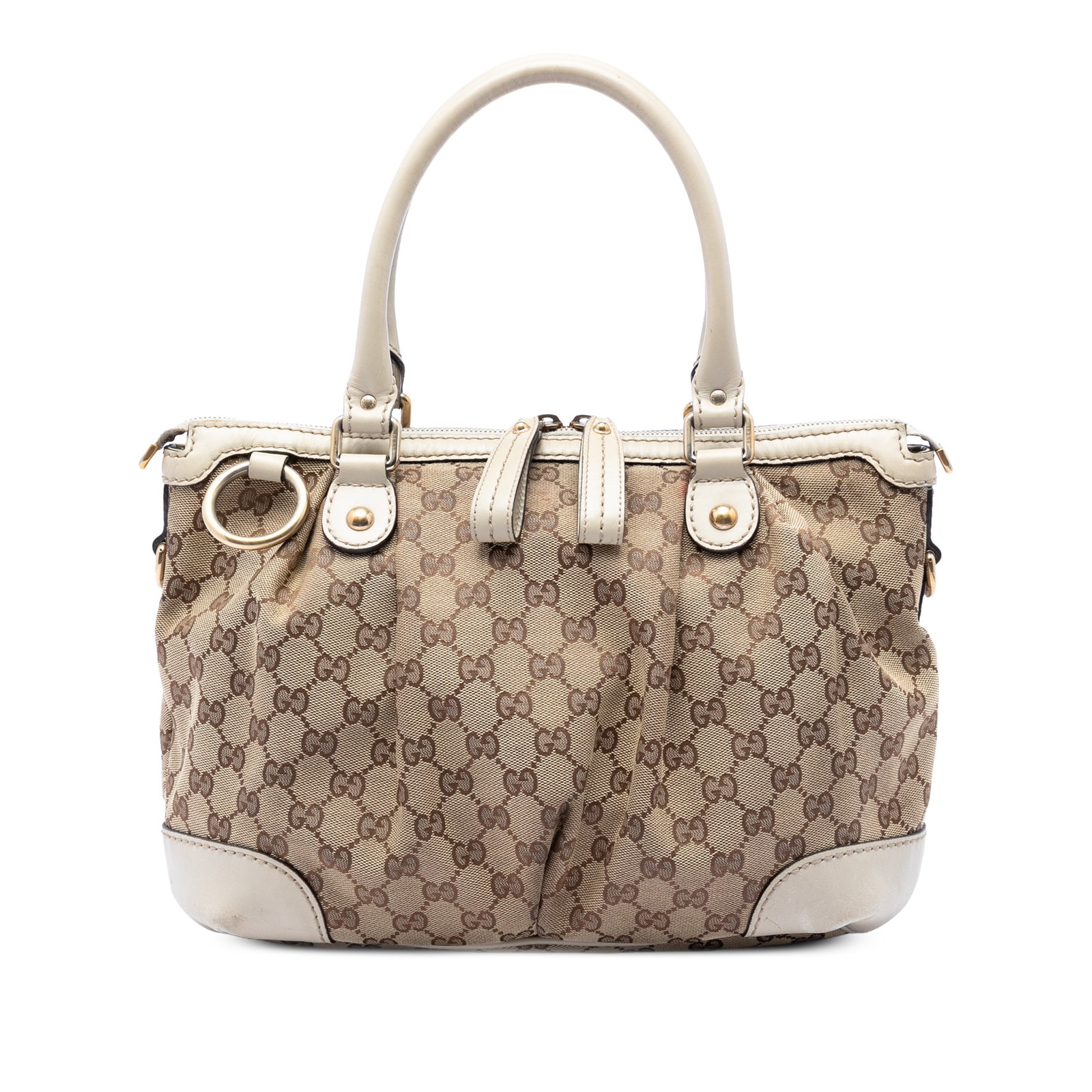 Gucci Sukey GG Canvas Satchel Beige Leather Trim: Gucci Sukey GG Canvas Satchel Beige Leather Trim Gucci GG Canvas Sukey Satchel in beige with leather trim and rolled leather handles. This satchel features a top zip closure and an interior with one z