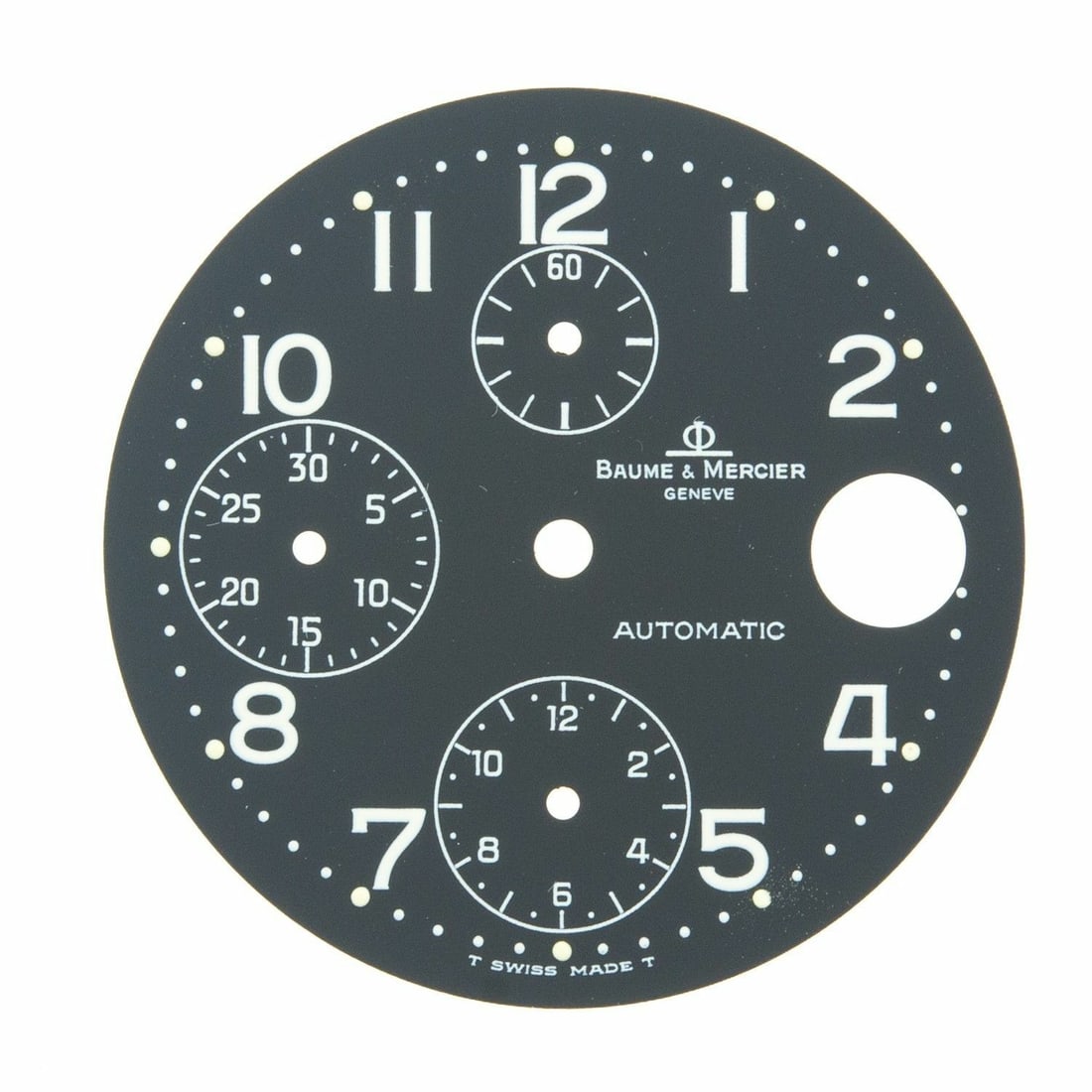 Baume & Mercier Geneve 29 mm black Arabic watch dial: Baume & Mercier Geneve 29 mm black Arabic watch dial This is a pre-owned Baume & Mercier Geneve watch dial featuring a black background with Arabic numerals. The dial is designed for a 29 mm case and 