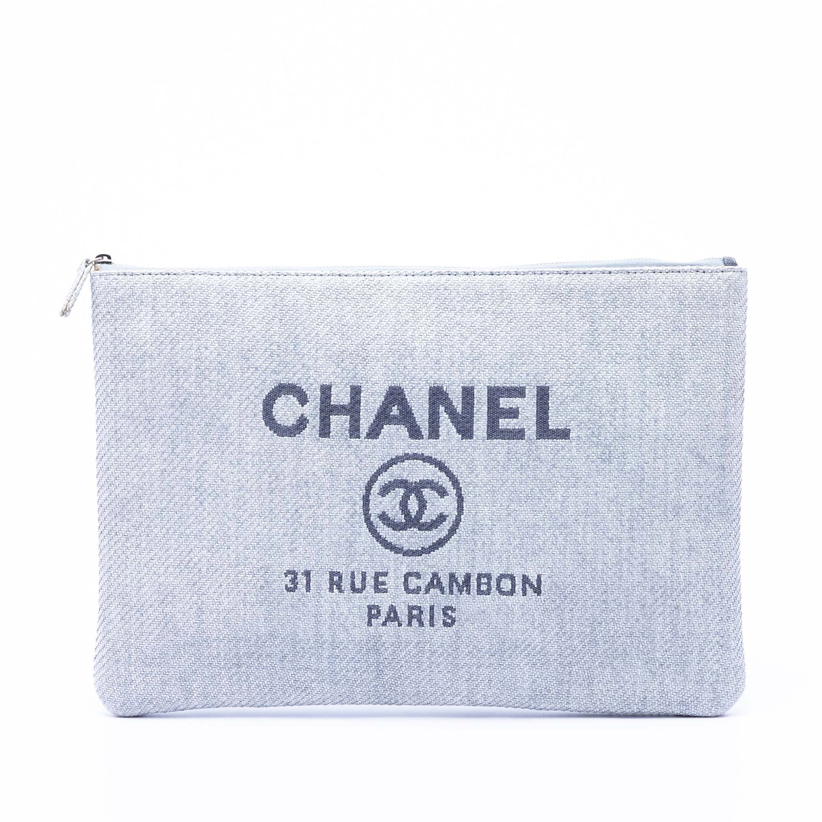 Chanel Deauville O Case Large Blue Canvas Clutch Bag: Chanel Deauville O Case Large Blue Canvas Clutch Bag Large Chanel Deauville O Case clutch in blue canvas with a zip-top closure. Made in Italy, this clutch has a slim profile and shows noted wear incl