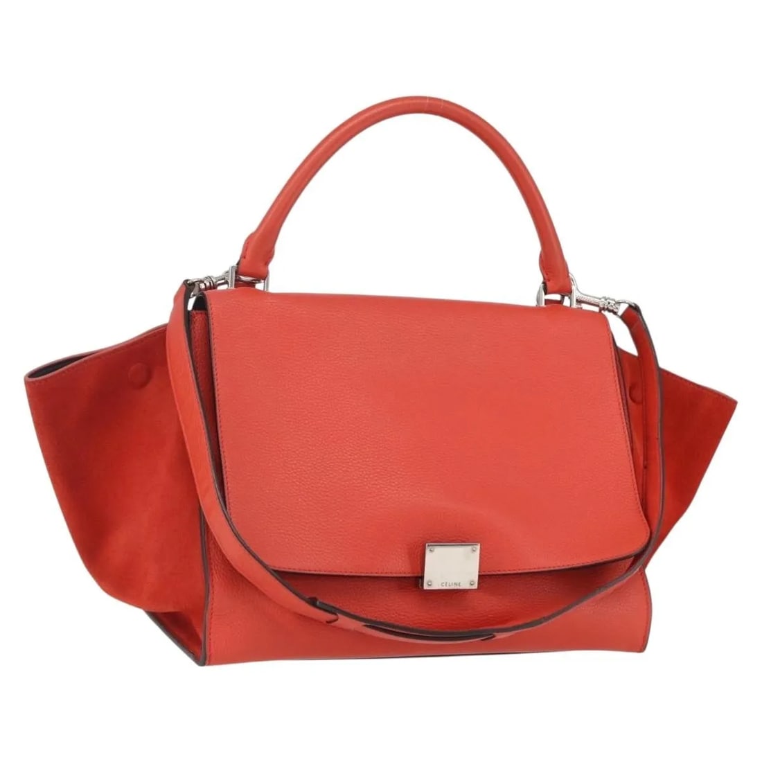 Celine Red Leather Trapeze Handbag 51x22x8 cm: Celine Red Leather Trapeze Handbag 51x22x8 cm This pre-owned Celine Trapeze bag is crafted from red leather and designed for women. It features a trapeze silhouette with slight signs of use, including