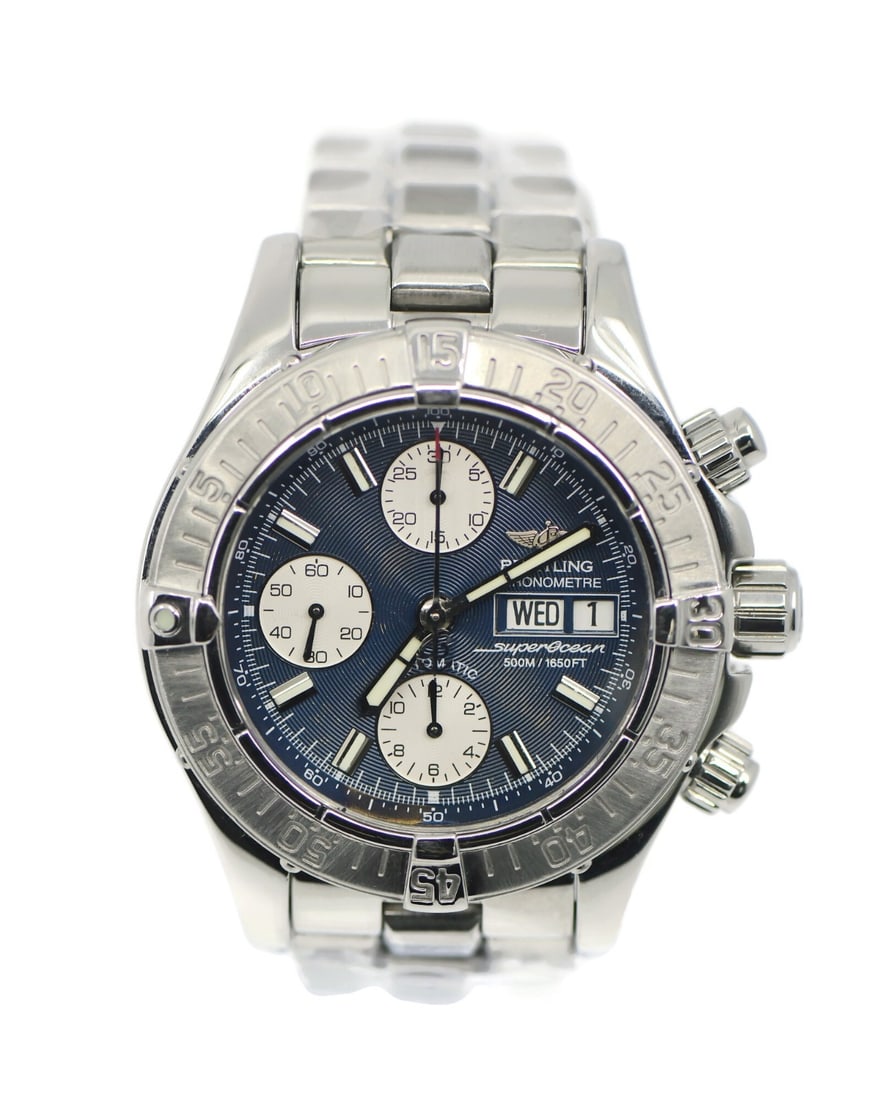 Superocean A13340 Automatic Chronograph Stainless Steel Men's Watch with Box: Superocean A13340 Automatic Chronograph Stainless Steel Men's Watch with Box This Breitling Superocean Chronograph is a pre-owned men's wristwatch featuring a stainless steel case and band. It is powe