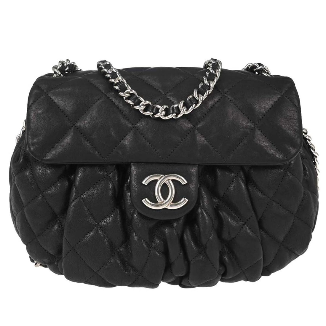 CHANEL Chain Shoulder Medium Quilted Black Calfskin Bag: CHANEL Chain Shoulder Medium Quilted Black Calfskin Bag Chanel Chain Around shoulder bag in black calfskin with a quilted exterior, chain shoulder strap, magnetic closure, and canvas lining. Made in I