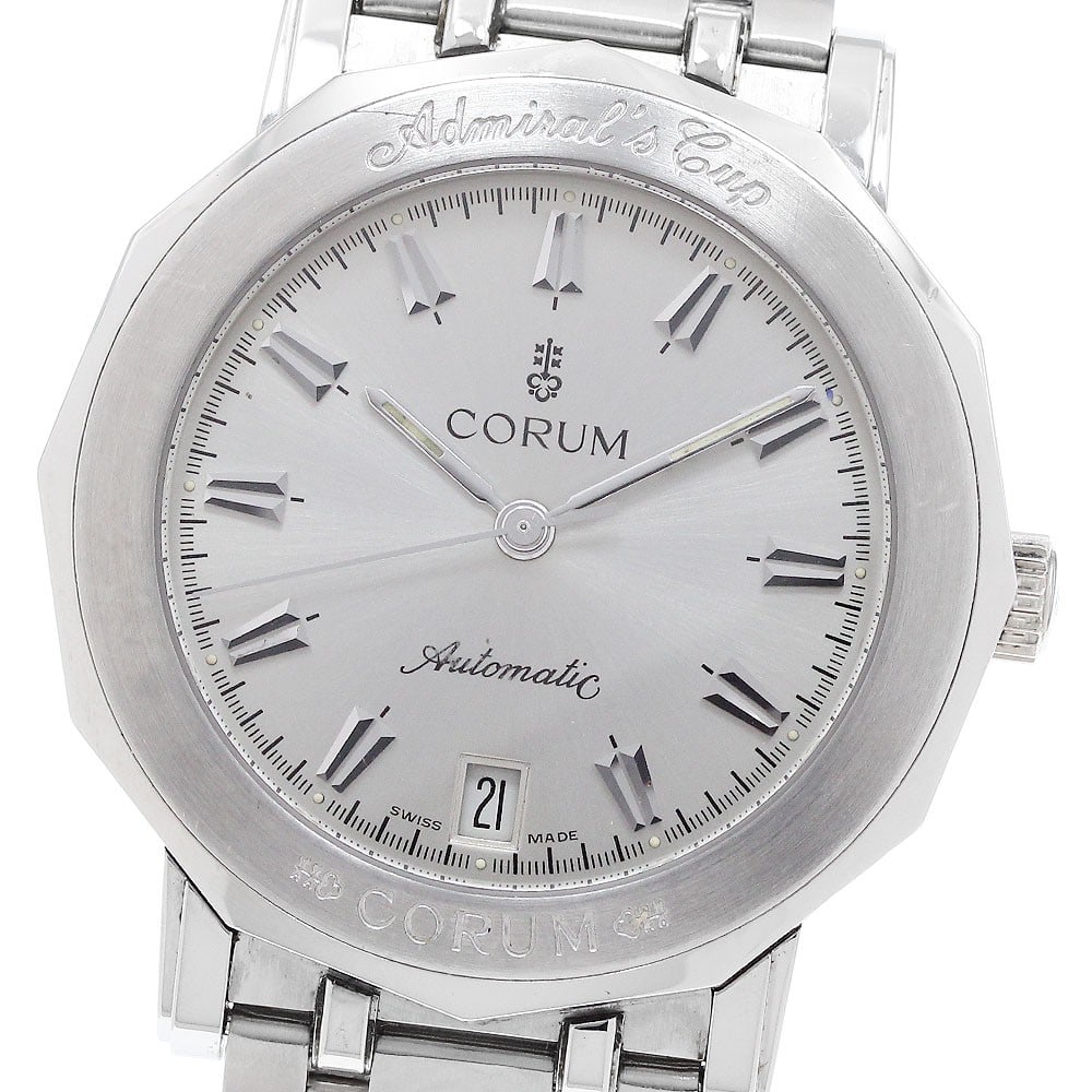 CORUM Admiral's Cup Automatic Date Men's Stainless Steel Watch: CORUM Admiral's Cup Automatic Date Men's Stainless Steel Watch This Corum Admiral's Cup Date Automatic men's wristwatch features a stainless steel case and bracelet with a silver dial. The watch is po