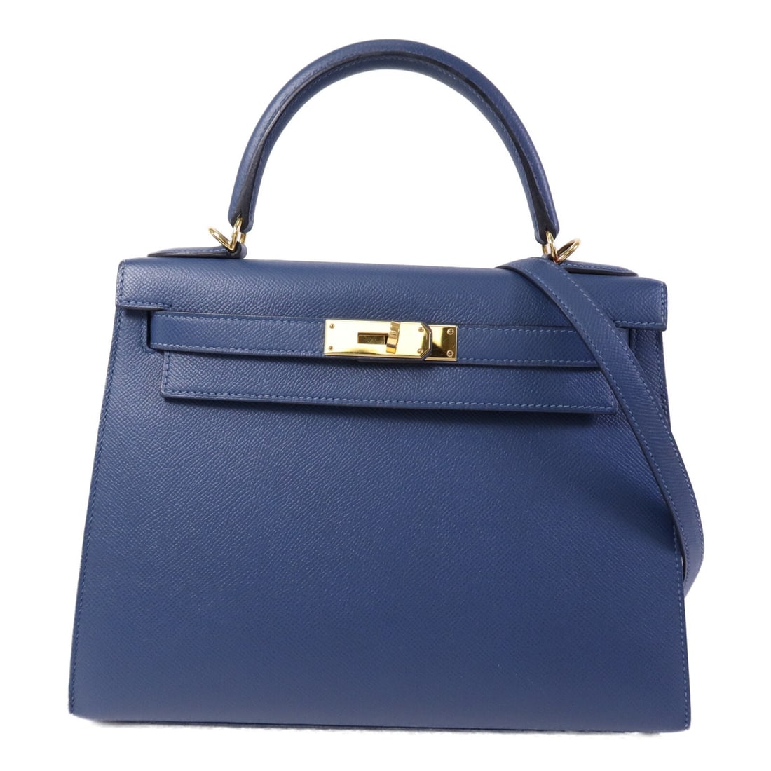 Hermes Kelly 28 Blue Epsom Calfskin Handbag with Gold Tone Hardware: Hermes Kelly 28 Blue Epsom Calfskin Handbag with Gold Tone Hardware This Hermes Kelly 28 is a two-way shoulder handbag crafted from Veau Epsom calfskin leather in deep blue. The bag features gold-tone