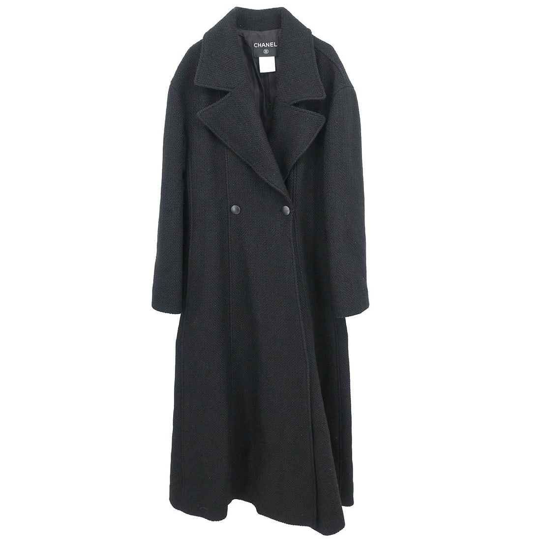 CHANEL 99A Vintage Black Long Overcoat Size 38: CHANEL 99A Vintage Black Long Overcoat Size 38 Vintage Chanel long black coat in a regular women's size 38. This overcoat features a button closure, logo zipper accents, and two exterior pockets. Made