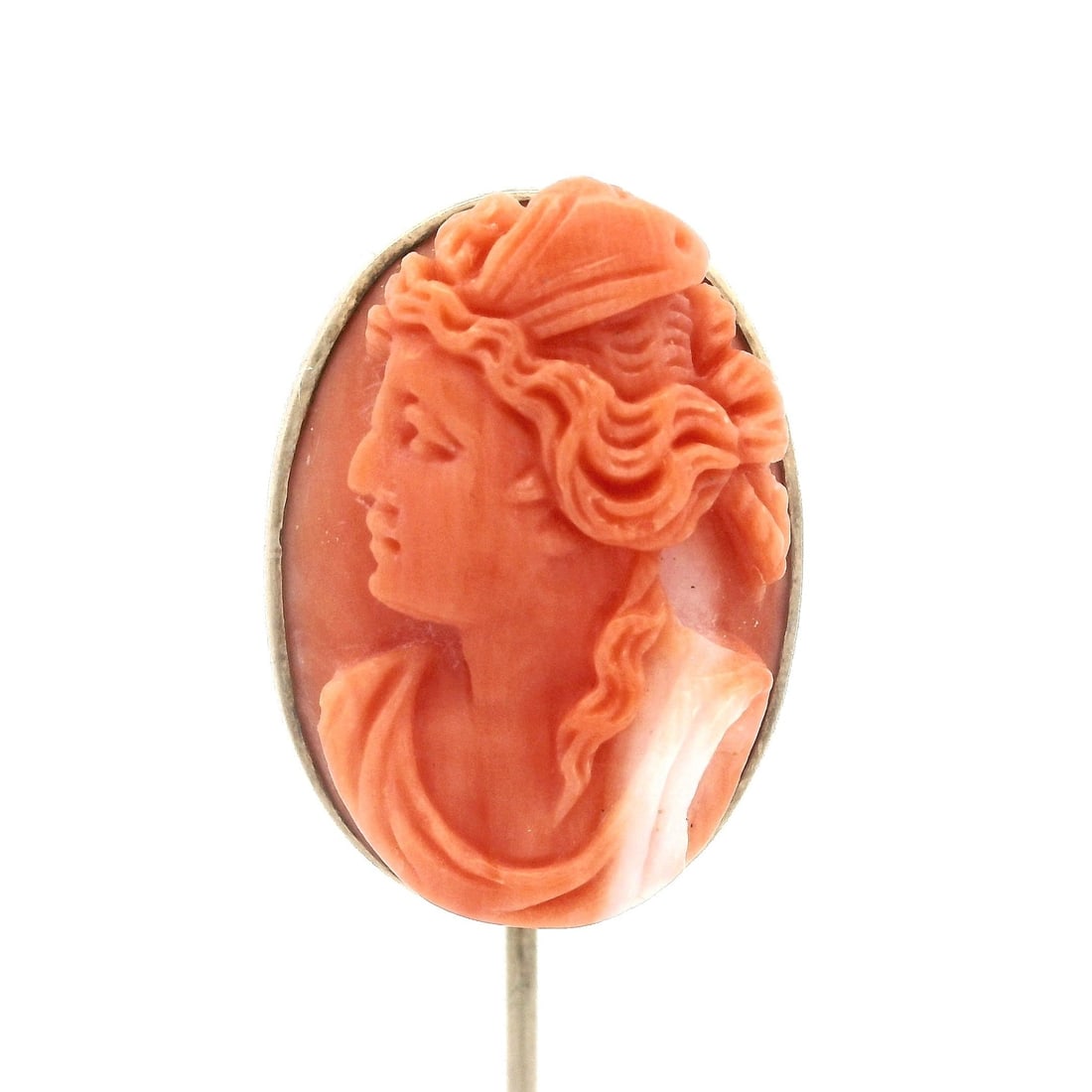 Antique 10k Yellow Gold Coral Cameo Portrait Stick Pin: Antique 10k Yellow Gold Coral Cameo Portrait Stick Pin This exquisite antique stick pin features a detailed carved coral portrait of a female figure, showcasing a rich pink salmon color. Crafted from 