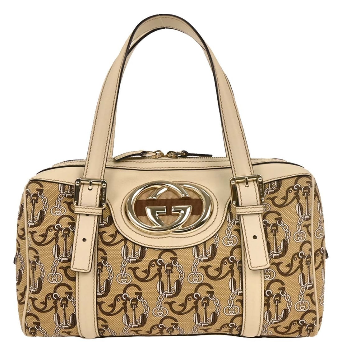 Gucci Interlocking Medium Top Handle Bag Beige Canvas Leather: Gucci Interlocking Medium Top Handle Bag Beige Canvas Leather Vintage Gucci Interlocking handbag in beige canvas and leather with a top handle silhouette. Made in Italy, this women's medium bag featur