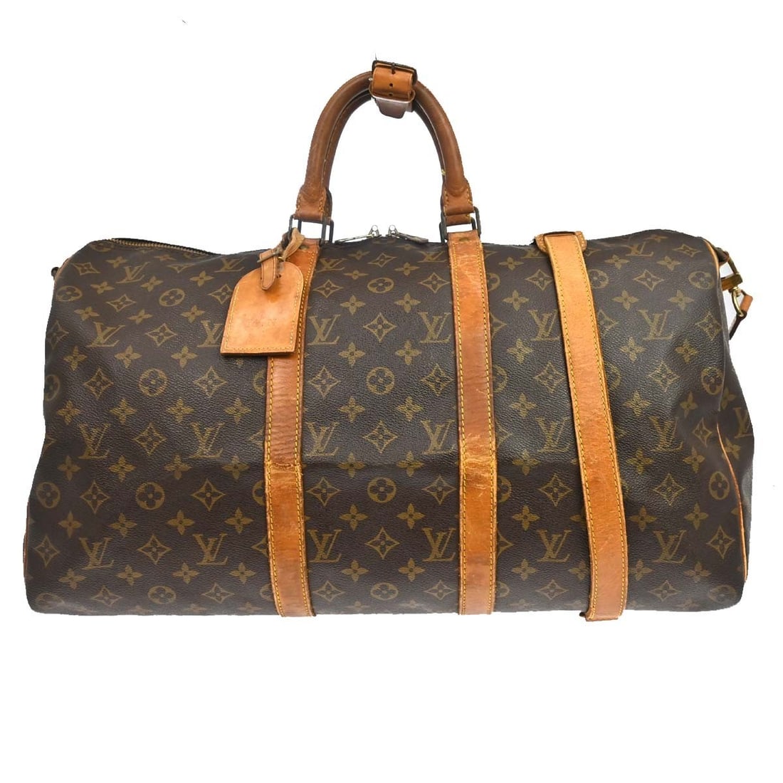Louis Vuitton Keepall Bandouliere 50 Monogram Travel Bag M41416: Louis Vuitton Keepall Bandouliere 50 Monogram Travel Bag M41416 Vintage Louis Vuitton Keepall 50 Bandouliere travel handbag in brown Monogram canvas with leather handles and trim. This large zip-top b
