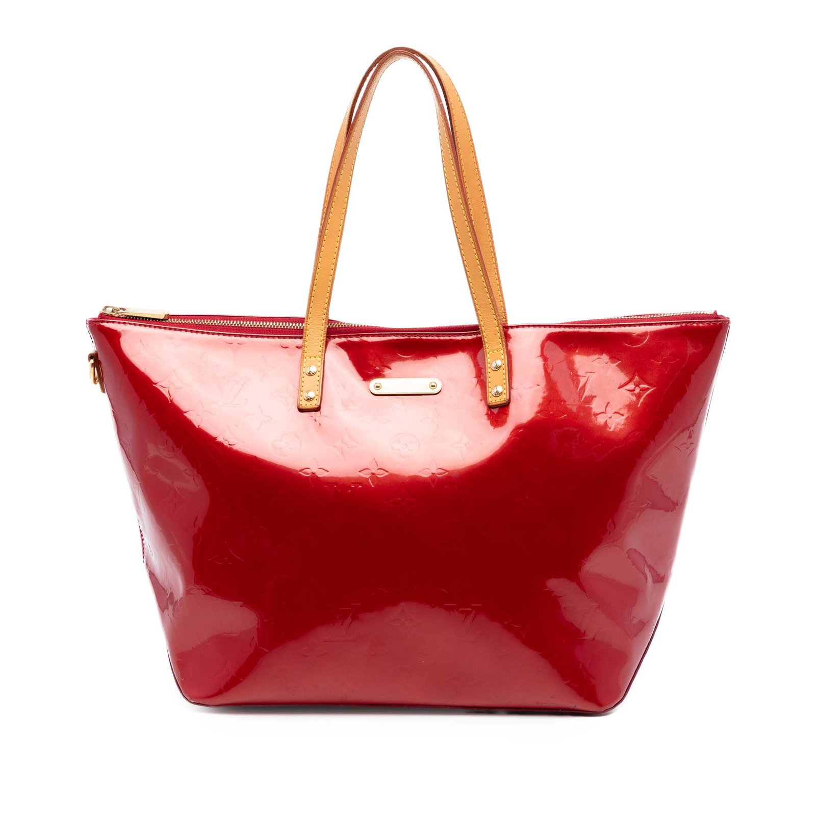 Louis Vuitton Bellevue GM Monogram Vernis Red Leather Handbag: Louis Vuitton Bellevue GM Monogram Vernis Red Leather Handbag Louis Vuitton Monogram Vernis Bellevue GM handbag crafted in red vernis leather with flat vachetta leather straps, a top zip closure, and 
