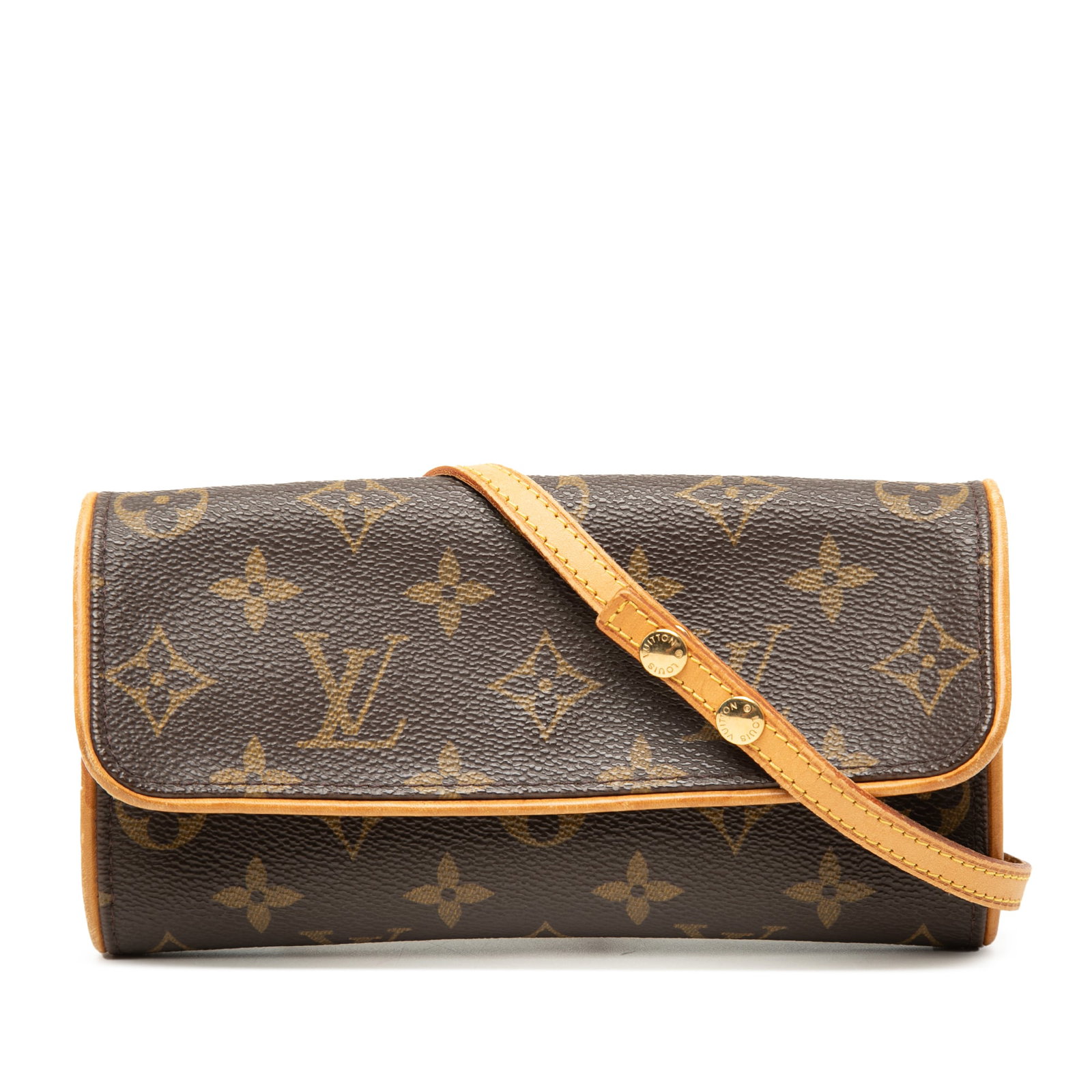 Louis Vuitton Monogram Pochette Twin PM Shoulder Bag: Louis Vuitton Monogram Pochette Twin PM Shoulder Bag Louis Vuitton Monogram Pochette Twin PM shoulder bag in brown monogram canvas with a flat vachetta leather strap and front flap magnetic closure. M