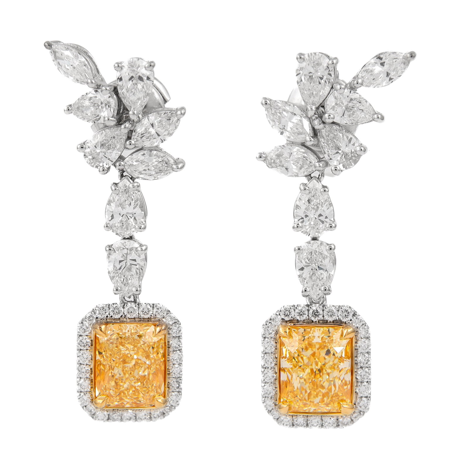 GIA Certified 4.45ct Fancy Yellow Radiant Diamond Drop Earrings in 18k Gold: GIA Certified 4.45ct Fancy Yellow Radiant Diamond Drop Earrings in 18k Gold Elevate your elegance with these stunning contemporary drop earrings featuring exquisite fancy yellow diamonds. With a total