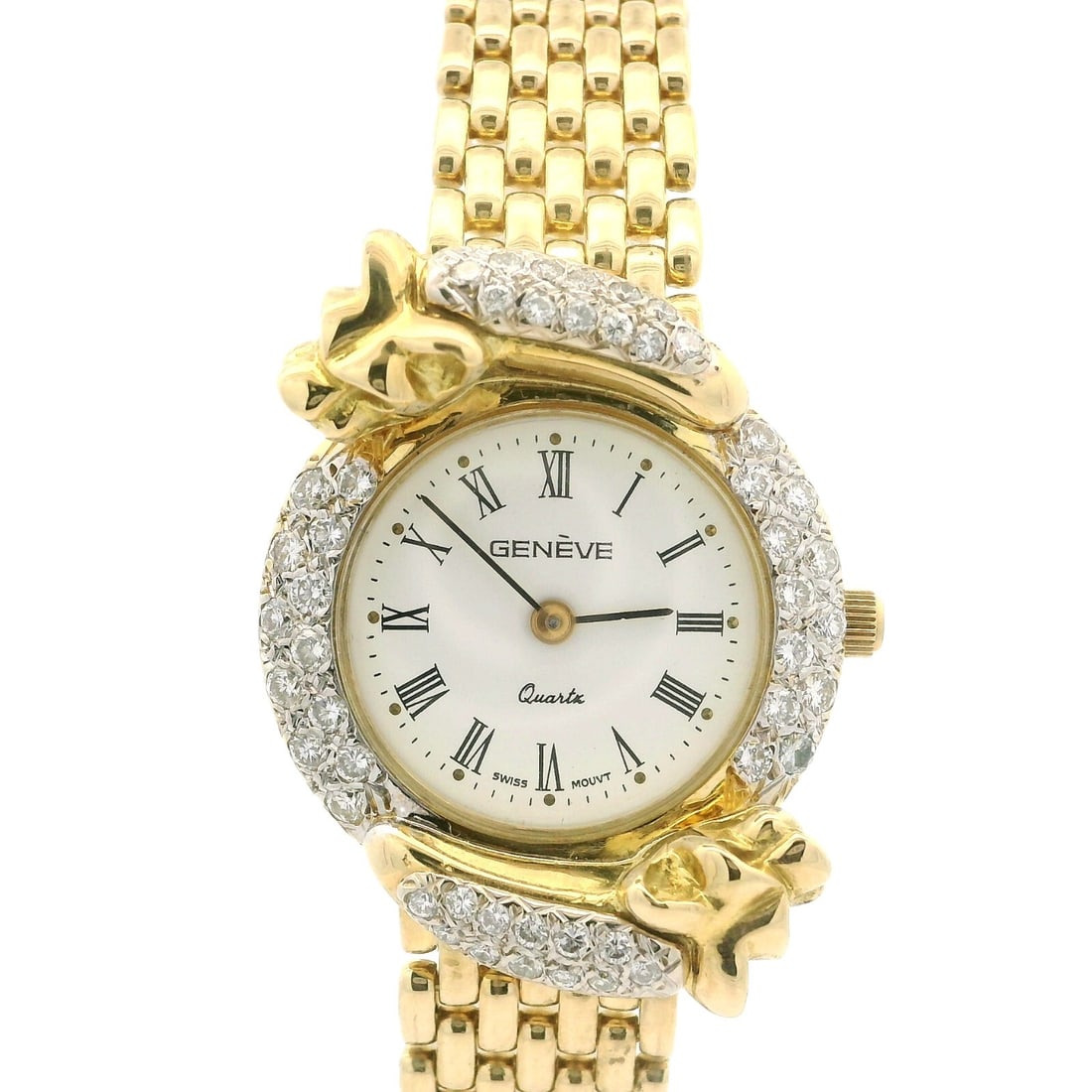 Geneve Vintage 18k Yellow Gold Diamond Bezel 24mm Wristwatch Bracelet: Geneve Vintage 18k Yellow Gold Diamond Bezel 24mm Wristwatch Bracelet Experience the elegance of this vintage wristwatch featuring a stunning 18k yellow gold case and bracelet. The watch boasts a 24mm