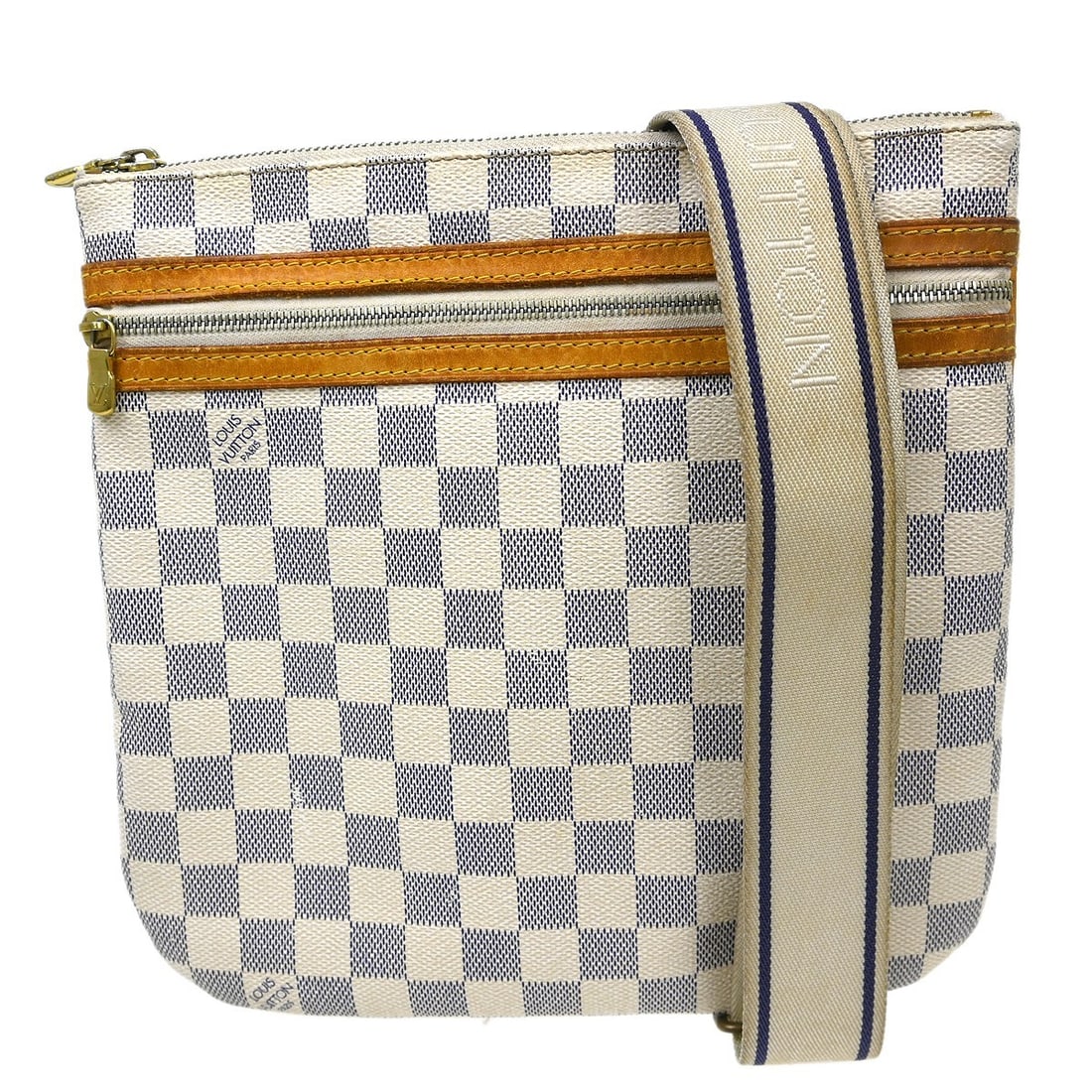 Louis Vuitton Bosphore Pochette Crossbody in Damier Azur N51112: Louis Vuitton Bosphore Pochette Crossbody in Damier Azur N51112 Vintage Louis Vuitton Pochette Bosphore crossbody bag in Damier Azur canvas with leather trim and a zip closure. This women's medium bag