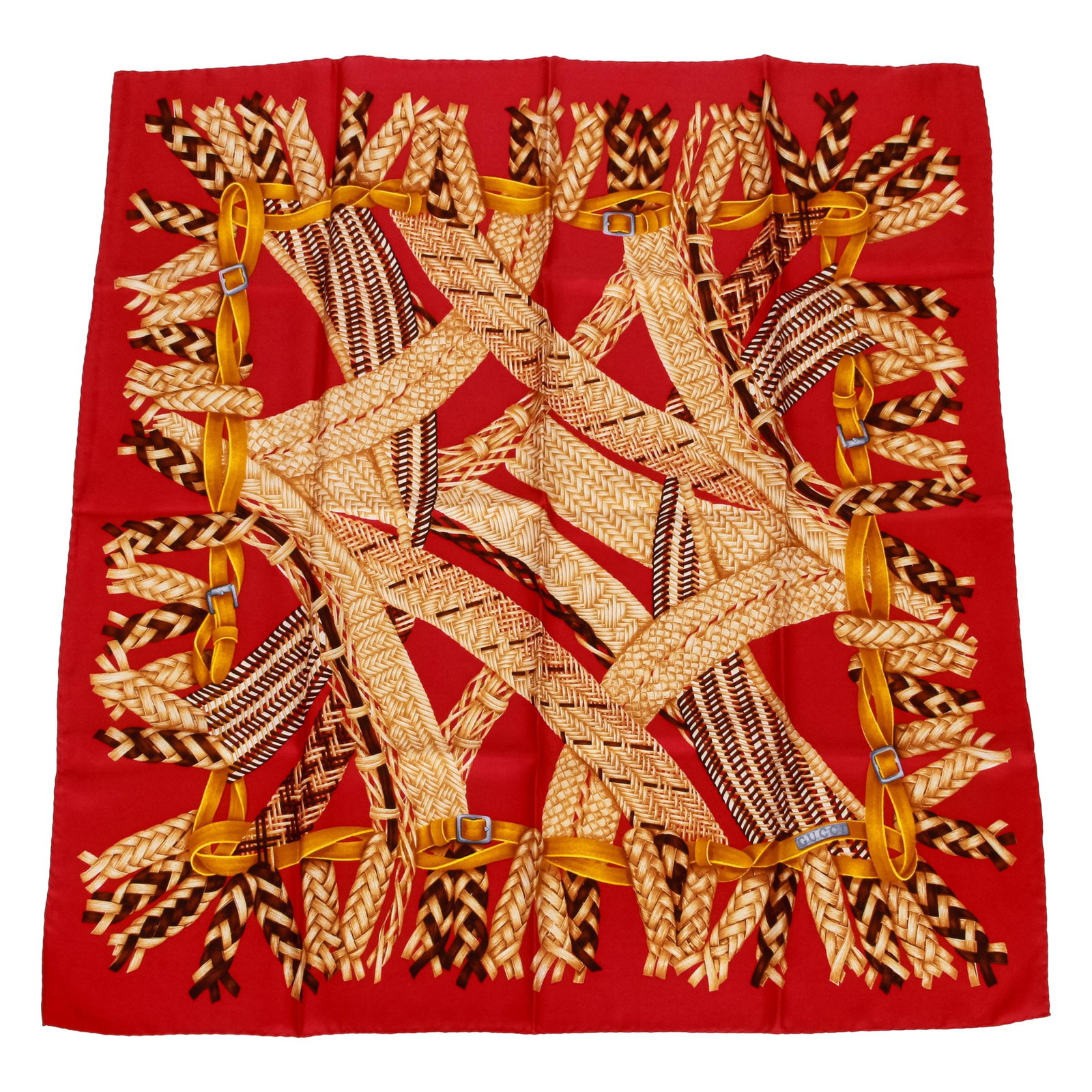 Gucci Red Silk Scarf with Straw Design 35 x 35 Made in Italy: Gucci Red Silk Scarf with Straw Design 35 x 35 Made in Italy Elevate your accessory collection with this stunning Gucci Red Straw Braids Silk Scarf. Made in Italy, this luxurious scarf features a vibr