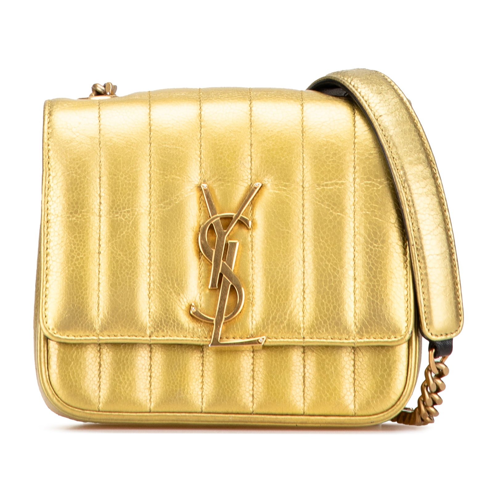 Saint Laurent Small Gold Grain De Poudre Vicky Monogram Chain Bag: Saint Laurent Small Gold Grain De Poudre Vicky Monogram Chain Bag The Saint Laurent Small Metallic Grain De Poudre Monogram Vicky Chain Bag showcases a sophisticated design crafted from high-quality l