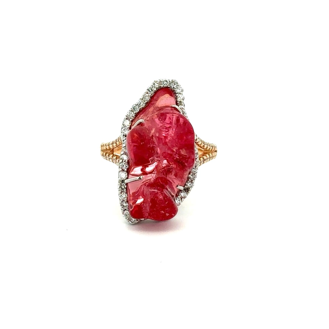 Kimberly McDonald GIA Certified 18k Gold Orangy Pink Spinel Diamond Halo Ring: Kimberly McDonald GIA Certified 18k Gold Orangy Pink Spinel Diamond Halo Ring This exquisite ring features a natural, genuine orangy-pink spinel in a unique freeform tumbled cut, elegantly prong set i