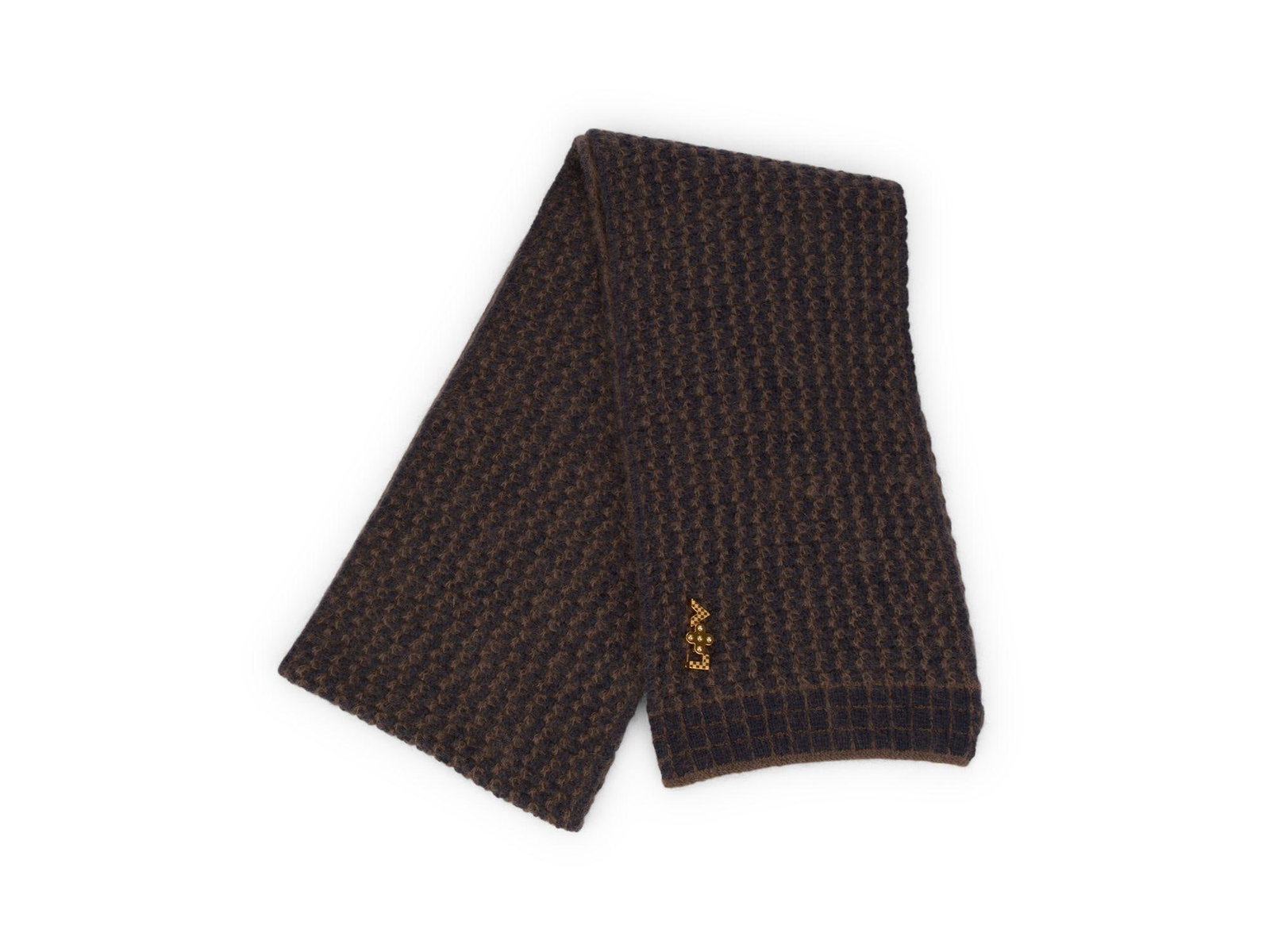 Louis Vuitton Knit Scarf with Gold Tone Logo Pin: Louis Vuitton Knit Scarf with Gold Tone Logo Pin This Louis Vuitton two-tone knit scarf is crafted in France and features a stylish design ideal for winter. It includes a gold tone detachable logo pin