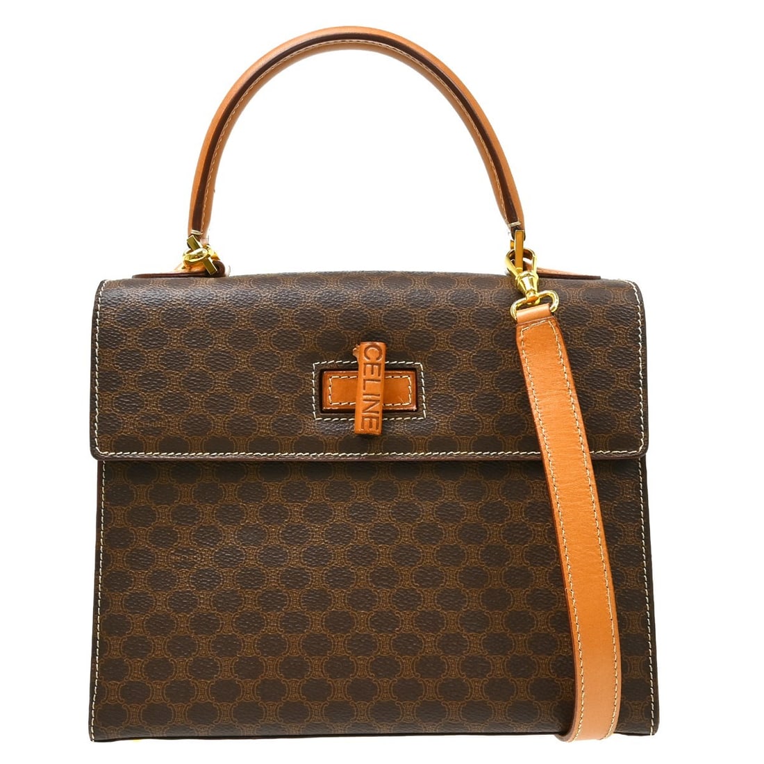 CELINE Macadam 2way Top Handle Bag Brown PVC Leather: CELINE Macadam 2way Top Handle Bag Brown PVC Leather Celine Macadam 2-way handbag in brown PVC and leather with a top handle design and logo accents. This medium handbag includes a shoulder strap and 