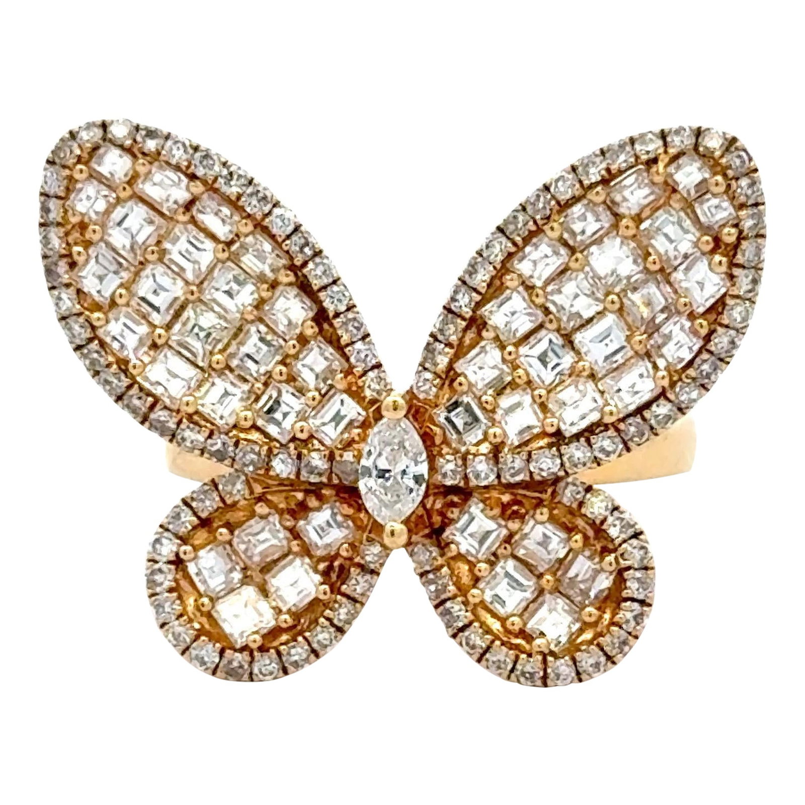 18K Yellow Gold Butterfly Ring Marquise Asscher Round Diamonds 1.70 CTS: 18K Yellow Gold Butterfly Ring Marquise Asscher Round Diamonds 1.70 CTS This stunning cocktail ring features an elegant butterfly design crafted in 18K yellow gold. The centerpiece is a Marquise cut d