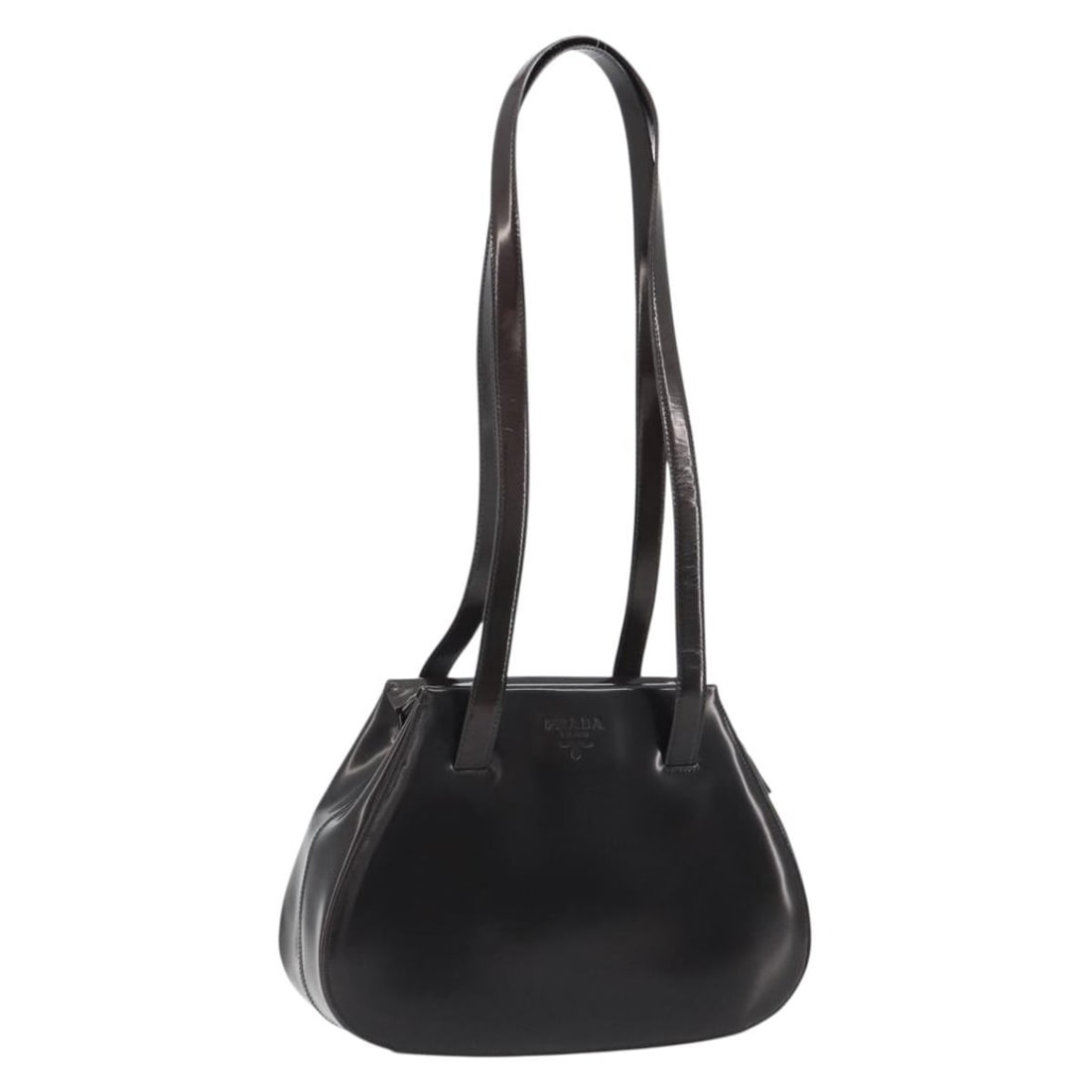 PRADA Dark Brown Enamel Shoulder Bag with Gold Tone Hardware: PRADA Dark Brown Enamel Shoulder Bag with Gold Tone Hardware Prada shoulder bag in dark brown enamel with gold-tone accents. Made in Italy, this women's bag has a compact structured silhouette with a 