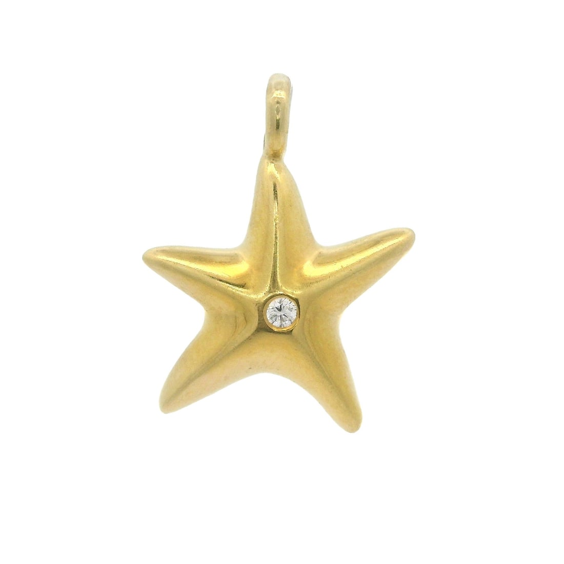 Tiffany & Co. 18k Yellow Gold Diamond Starfish Charm Pendant: Tiffany & Co. 18k Yellow Gold Diamond Starfish Charm Pendant This exquisite Tiffany & Co. charm pendant features a stunning starfish design, crafted from solid 18k yellow gold. Adorned with a round br