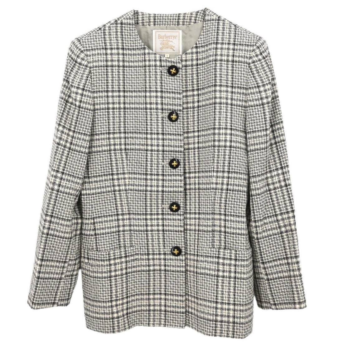 Burberrys Gray Collarless Wool Silk Women's Jacket FJA62-225: Burberrys Gray Collarless Wool Silk Women's Jacket FJA62-225 Burberrys collarless check jacket in gray with a button front and two exterior pockets. Made for women in a regular fit, this basic jacket 