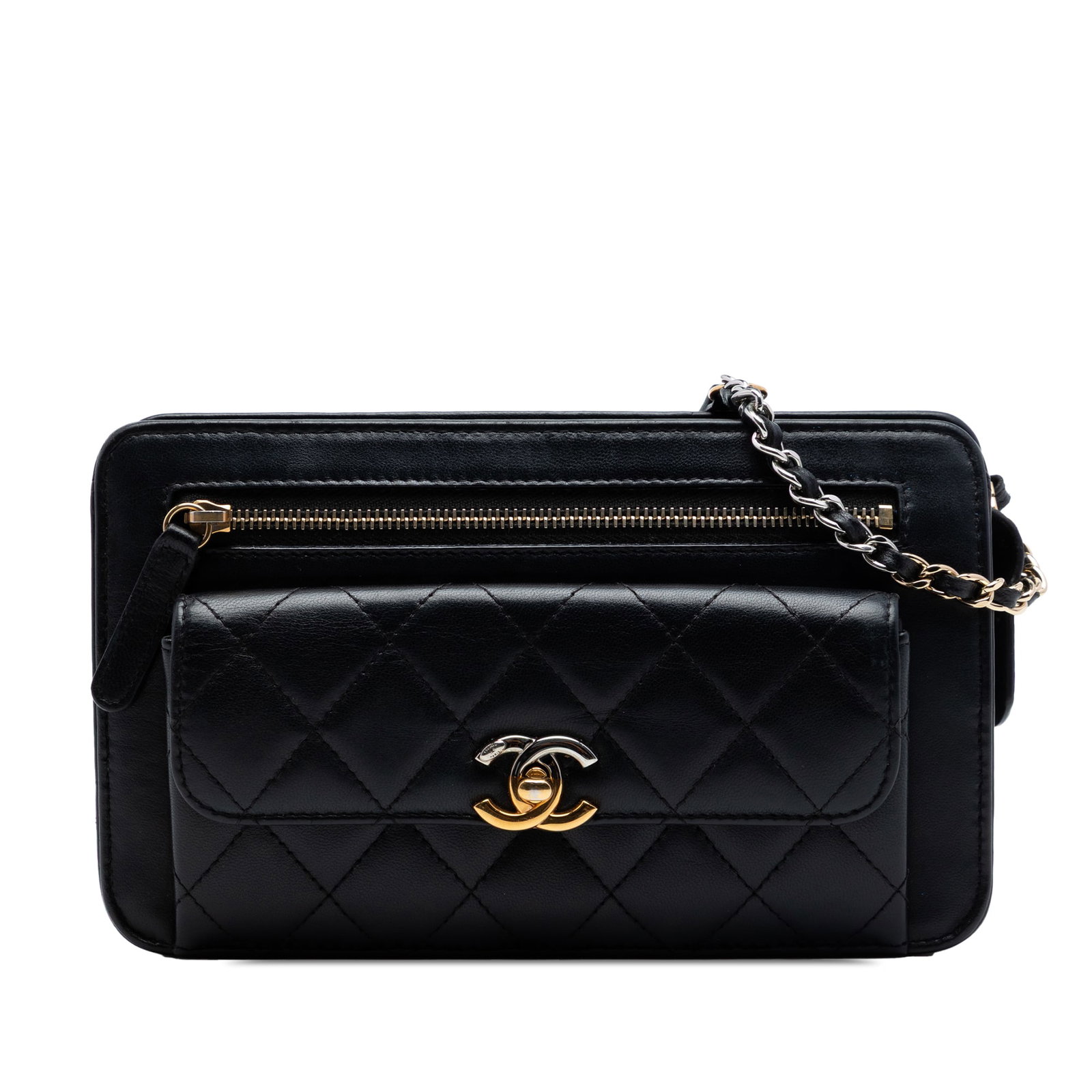 Chanel Front Pocket Clutch With Chain Quilted Lambskin Crossbody: Chanel Front Pocket Clutch With Chain Quilted Lambskin Crossbody Chanel quilted lambskin front pocket clutch with chain in black. This bag features a quilted lambskin leather body, a leather-woven cha