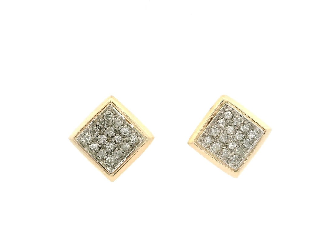 14k Two Tone Gold 0.25ctw Pave Diamond Square Stud Earrings: 14k Two Tone Gold 0.25ctw Pave Diamond Square Stud Earrings These stunning square stud earrings are crafted from solid 14k yellow and white gold, showcasing a total of 32 natural genuine diamonds in a