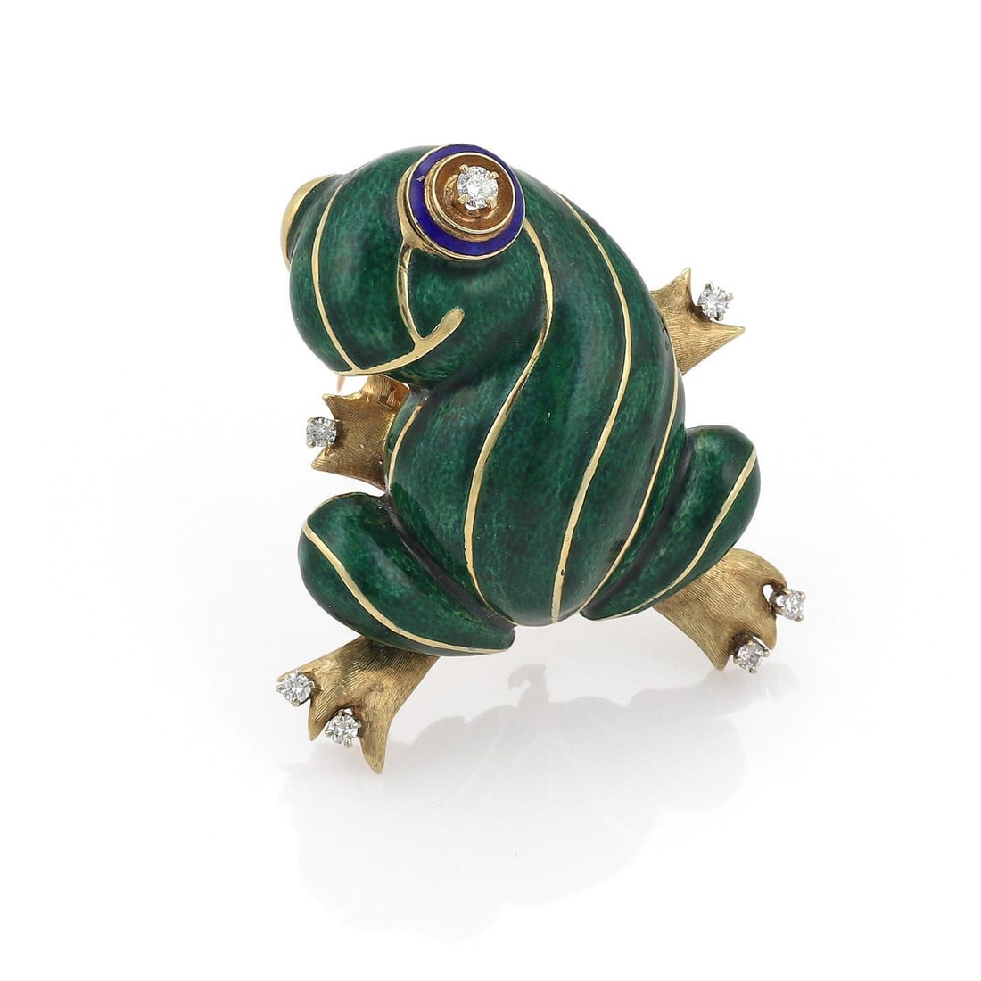 Vintage 14k Gold 3D Frog Brooch with 0.50ct Diamonds and Enamel: Vintage 14k Gold 3D Frog Brooch with 0.50ct Diamonds and Enamel This charming vintage frog brooch/pin is a delightful addition to any jewelry collection. Crafted from 14k yellow gold, the brooch featu