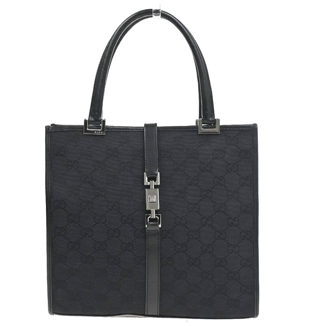 Gucci Jackie Tote Handbag in Black Canvas: Gucci Jackie Tote Handbag in Black Canvas Gucci Jackie Tote in black canvas with a unisex design. This tote is in very good overall condition with minor wear, and the leather handle shows light scuffs