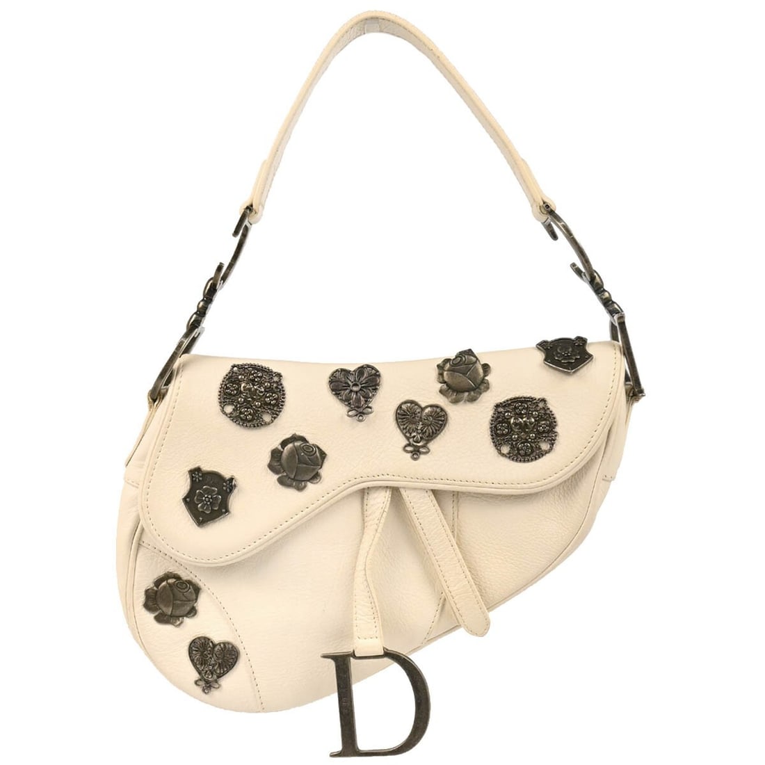 Dior Saddle Medium White Leather Shoulder Bag Italy 01-RU-0046: Dior Saddle Medium White Leather Shoulder Bag Italy 01-RU-0046 Christian Dior Saddle handbag in white leather with a shoulder strap and Velcro closure. Made in Italy, this medium bag features one exte