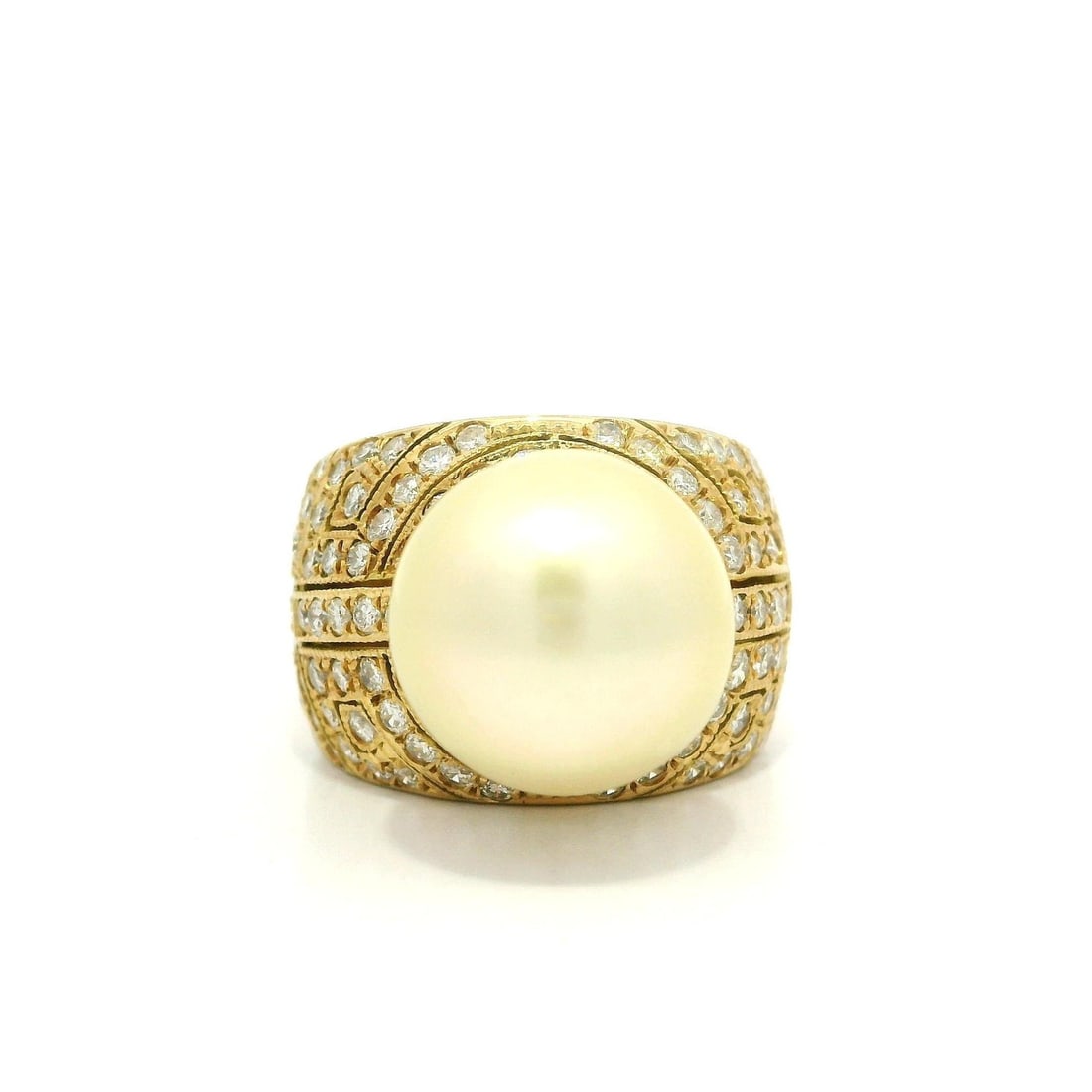18k Yellow Gold 12.8mm Golden Pearl Mosaic Pave Diamond Ring: 18k Yellow Gold 12.8mm Golden Pearl Mosaic Pave Diamond Ring Elevate your style with this exquisite 18k Yellow Gold Wide Ring featuring a stunning 12.8mm round Golden Pearl at its center. The pearl ra