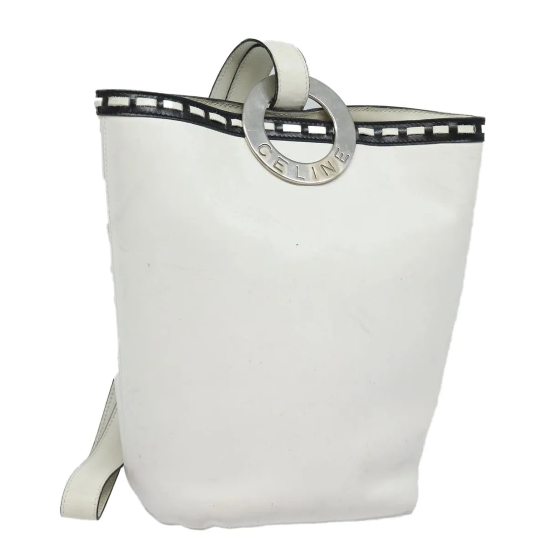 Celine Vintage Circle Logo White Leather Handbag: Celine Vintage Circle Logo White Leather Handbag Vintage Celine Circle Logo leather bag in white. This piece is in good vintage condition with honest wear, including an out-of-shape exterior surface, 