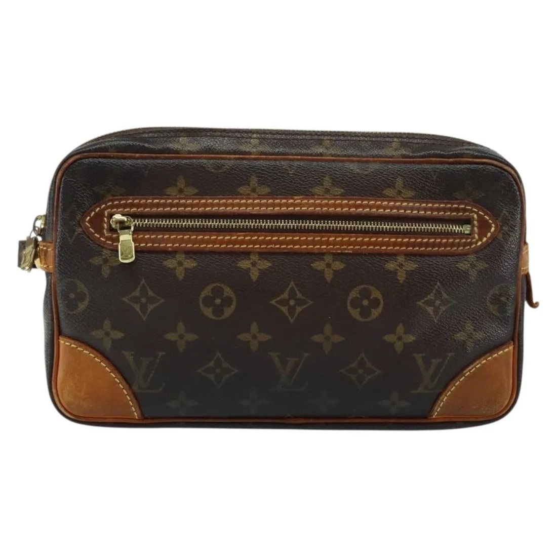 Monogram Canvas Louis Vuitton Marly Dragonne Brown Clutch: Monogram Canvas Louis Vuitton Marly Dragonne Brown Clutch This Louis Vuitton Marly Dragonne Clutch features the classic Monogram canvas designed for women. It presents a brown exterior with signs of w