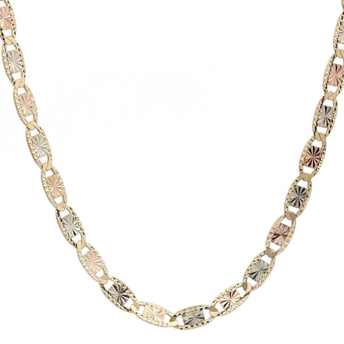 14k Tri Color Gold Diamond Cut Mariner Link Necklace 21.5in: 14k Tri Color Gold Diamond Cut Mariner Link Necklace 21.5in This exquisite 14k Tri Color Gold Flat Hand Etched Diamond Cut Mariner Link Chain Necklace features a stunning blend of solid yellow, rose, 