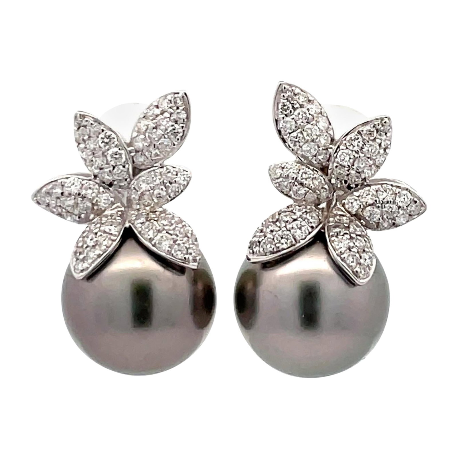 Harbor Diamonds 18K White Gold Floral Diamond Tahitian Pearl Drop Earrings 1.03 Carat: Harbor Diamonds 18K White Gold Floral Diamond Tahitian Pearl Drop Earrings 1.03 Carat These stunning 18 Karat White Gold drop earrings feature a beautiful floral diamond cluster with a total weight of