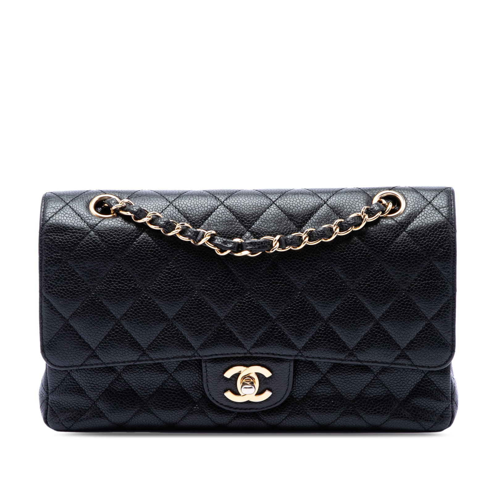 Chanel Medium Classic Double Flap Black Caviar Leather Bag: Chanel Medium Classic Double Flap Black Caviar Leather Bag Medium Classic Caviar Double Flap bag in black quilted caviar leather. This bag features front and back exterior slip pockets, a leather-wove