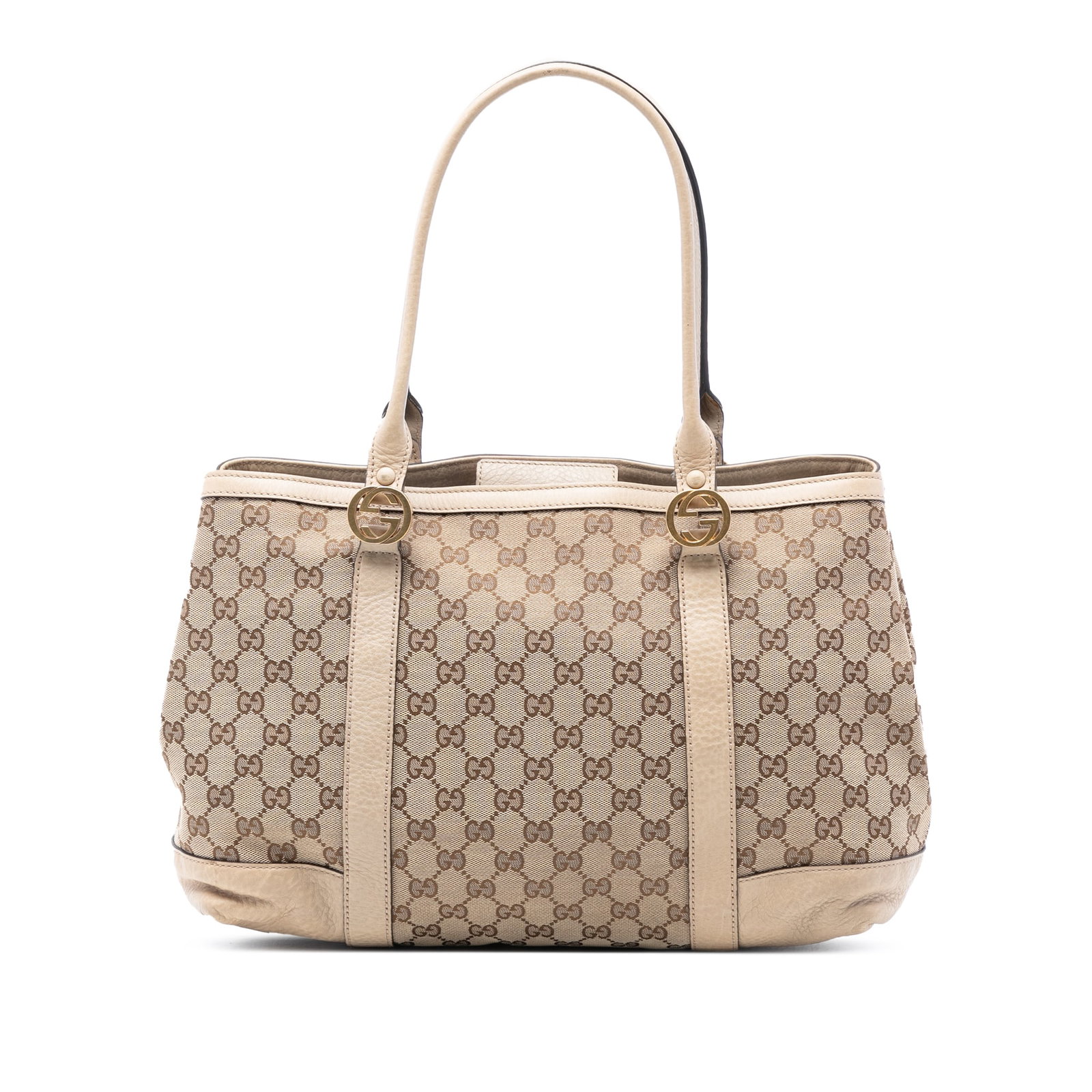 Gucci beige canvas tote Miss GG model leather trim: Gucci beige canvas tote Miss GG model leather trim This Gucci GG Canvas Miss GG Tote features a canvas body with leather trim, flat leather handles, an open top, and interior zip and slip pockets. The