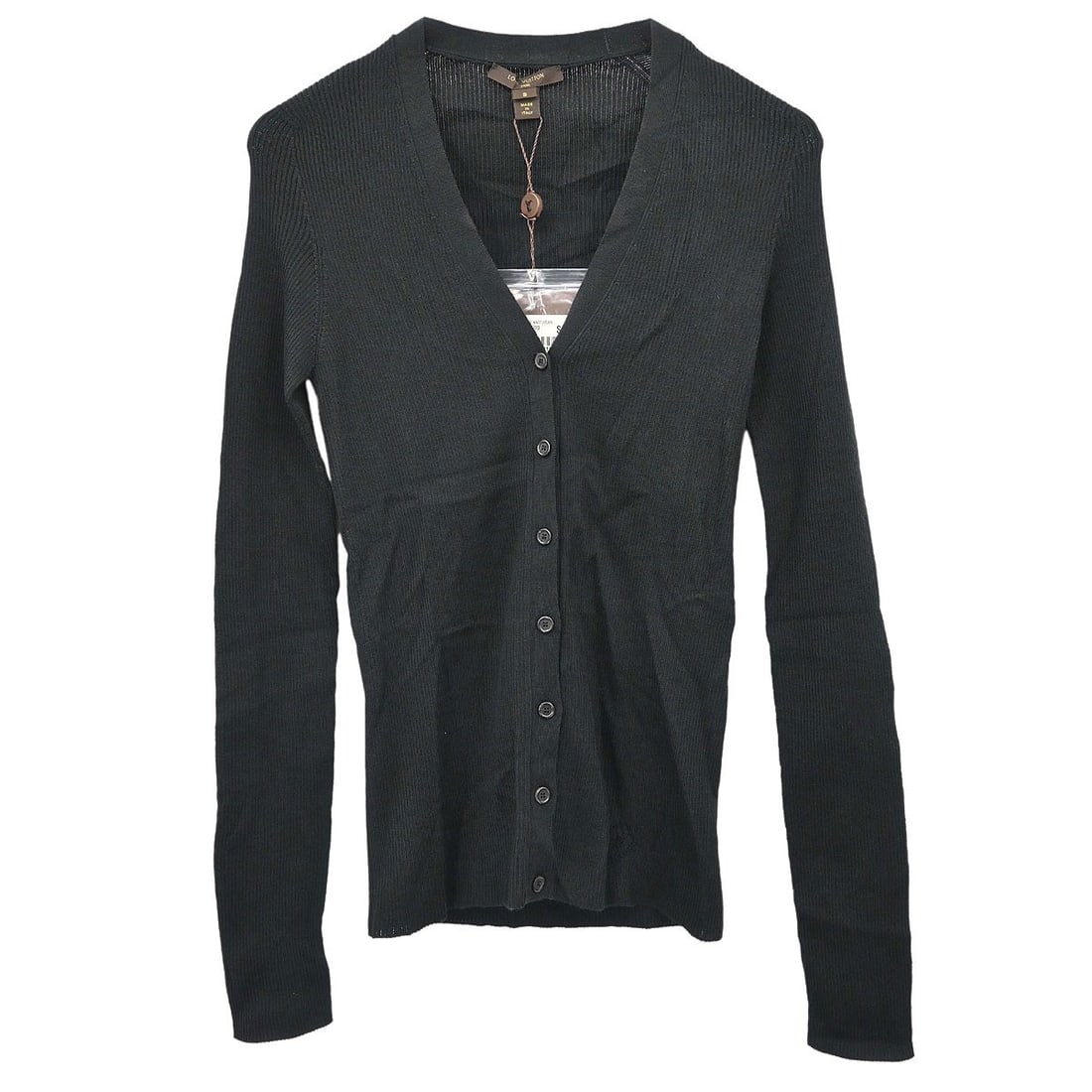 Louis Vuitton RW162W ONP FAKL07 black women cardigan size S: Louis Vuitton RW162W ONP FAKL07 black women cardigan size S Vintage Louis Vuitton black cardigan in a soft cashmere and silk blend with long sleeves and a button closure. This women's coatigan is made