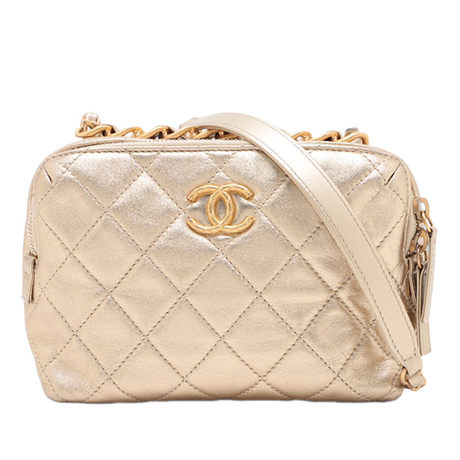 Chanel Mini CC Bowling Satchel in Metallic Quilted Lambskin: Chanel Mini CC Bowling Satchel in Metallic Quilted Lambskin This Chanel Mini CC Quilted Metallic Lambskin Bowling Bag is a compact satchel crafted with a quilted leather body. It features a leather-wo