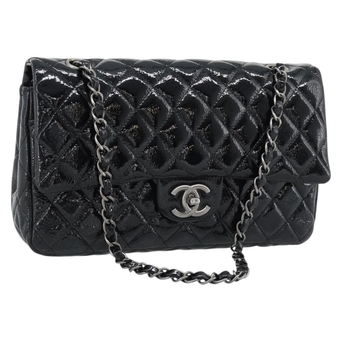 Chanel Matelasse 25 Patent Leather Shoulder Bag Black Silver CC: Chanel Matelasse 25 Patent Leather Shoulder Bag Black Silver CC Chanel Matelasse 25 chain shoulder bag in black patent leather with silver-tone CC detailing. Made in France, this women's shoulder bag 