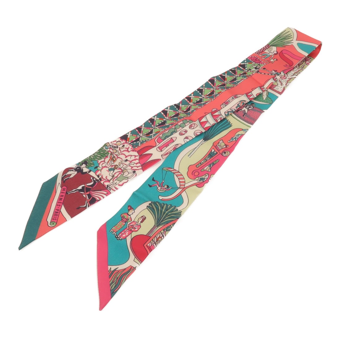 Hermes Twilly silk pink green neck scarf: Hermes Twilly silk pink green neck scarf This Hermes Twilly scarf is crafted from luxurious silk and features a vibrant pink and green color palette. Designed for women, it offers a versatile accessor