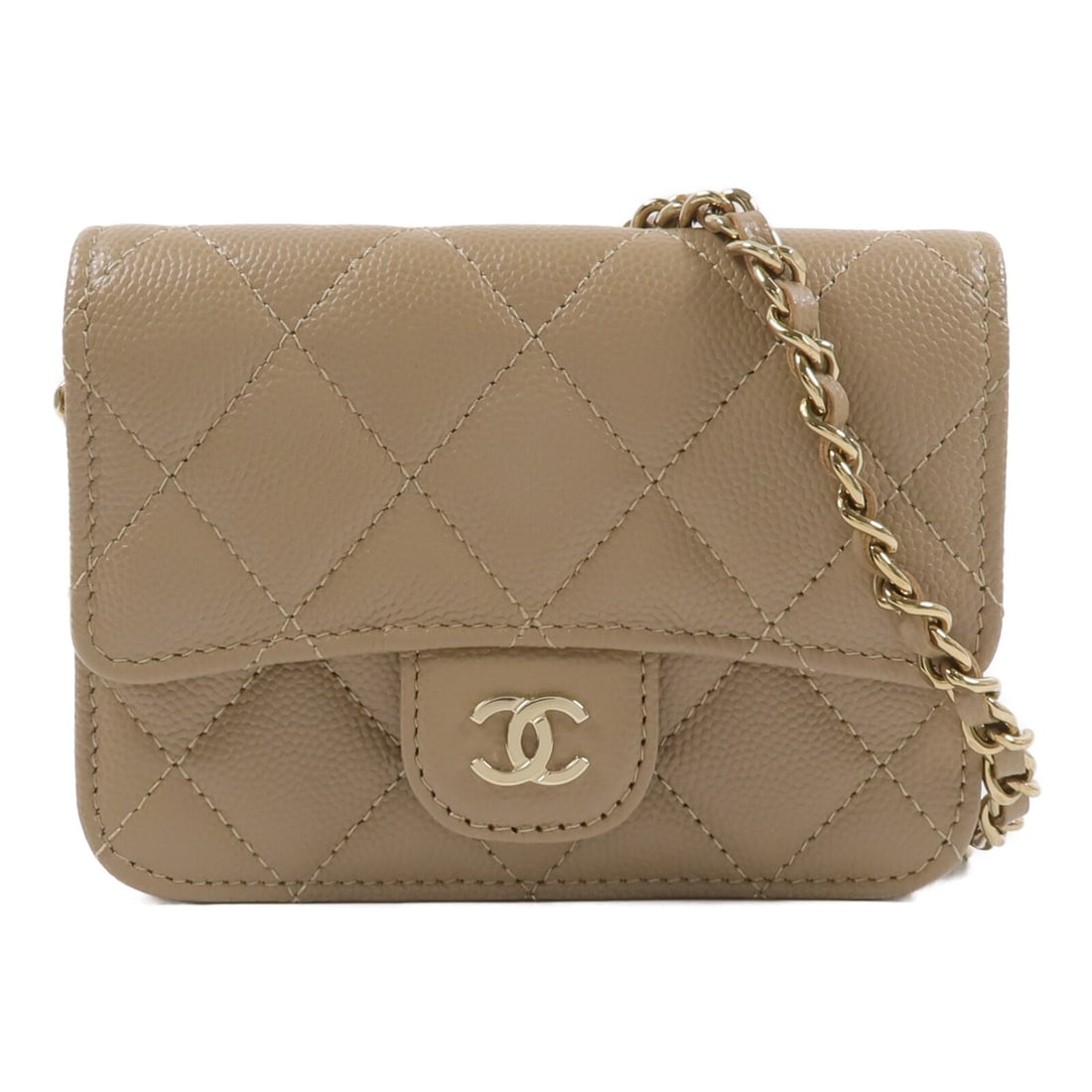 CHANEL Classic Mini Wallet On Chain Beige Calfskin Shoulder Bag GHW AP2727: CHANEL Classic Mini Wallet On Chain Beige Calfskin Shoulder Bag GHW AP2727 This CHANEL Classic Mini Wallet On Chain Shoulder Bag features a beige calfskin exterior with the iconic CC detail and gold-t